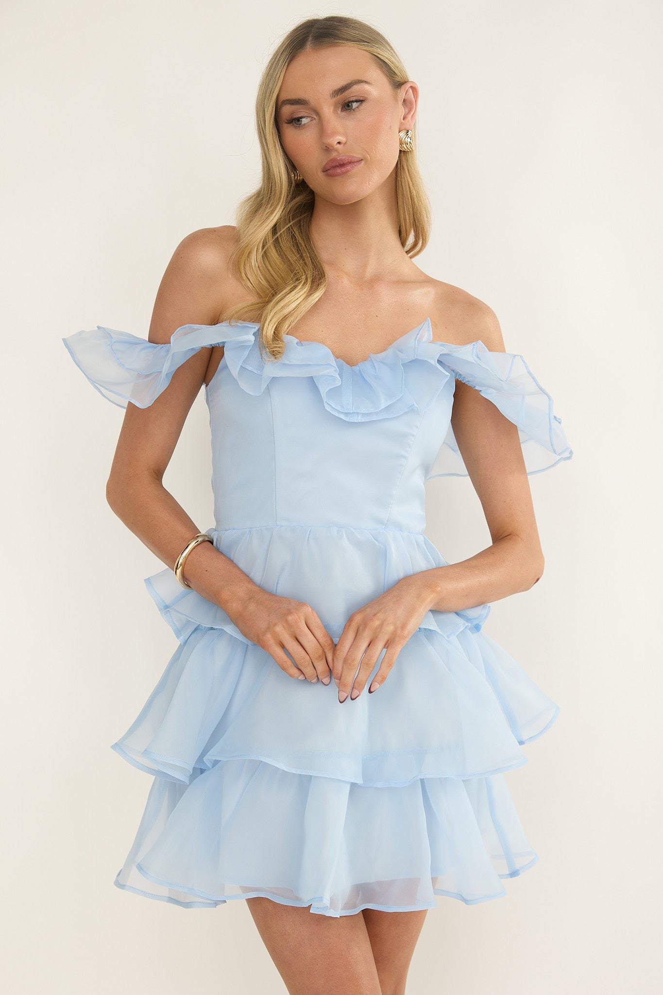 Rosira Off-Shoulder Ruffle Mini Dress Sky Blue-Maymioy