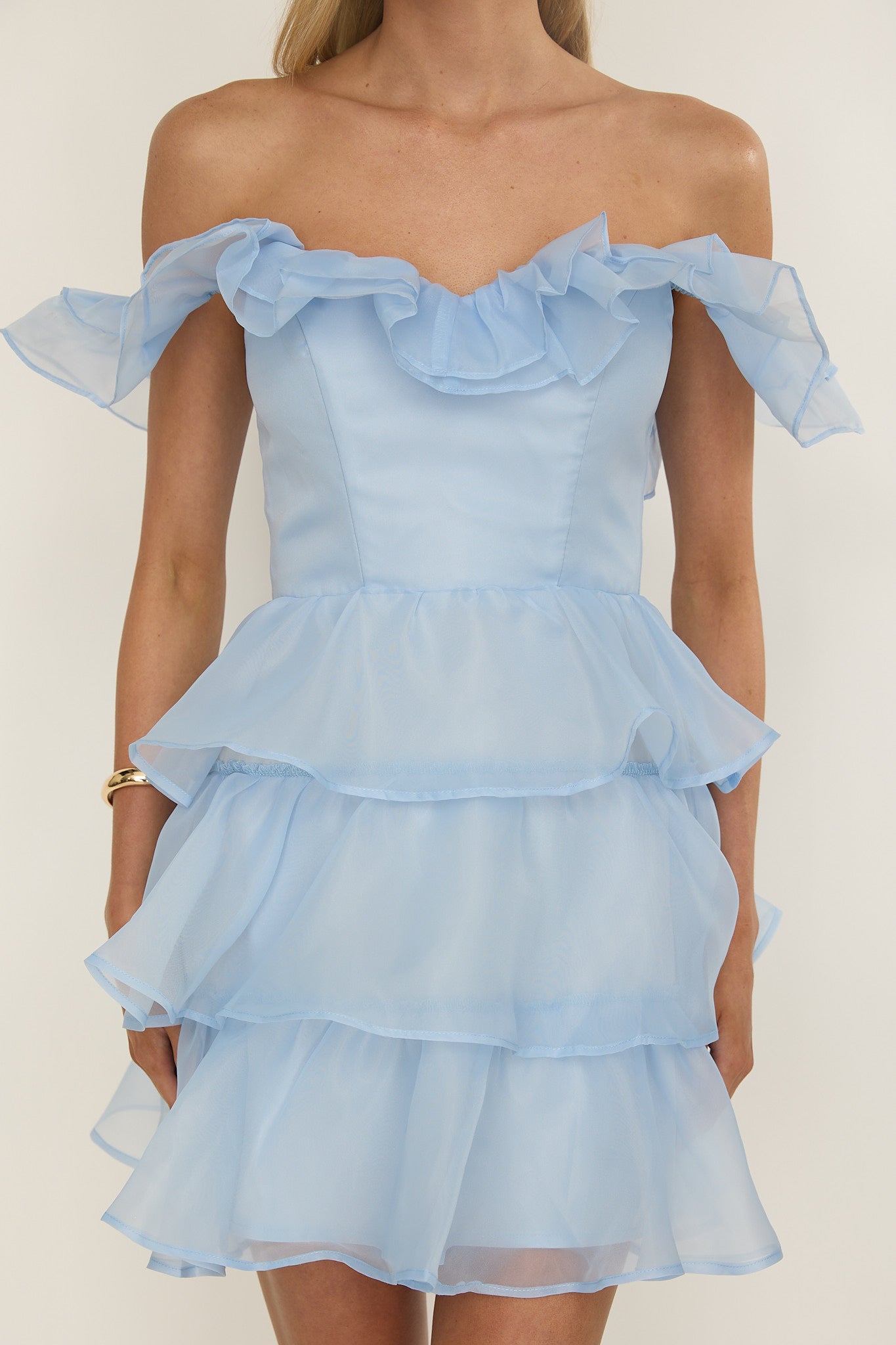 Rosira Off-Shoulder Ruffle Mini Dress Sky Blue-Maymioy