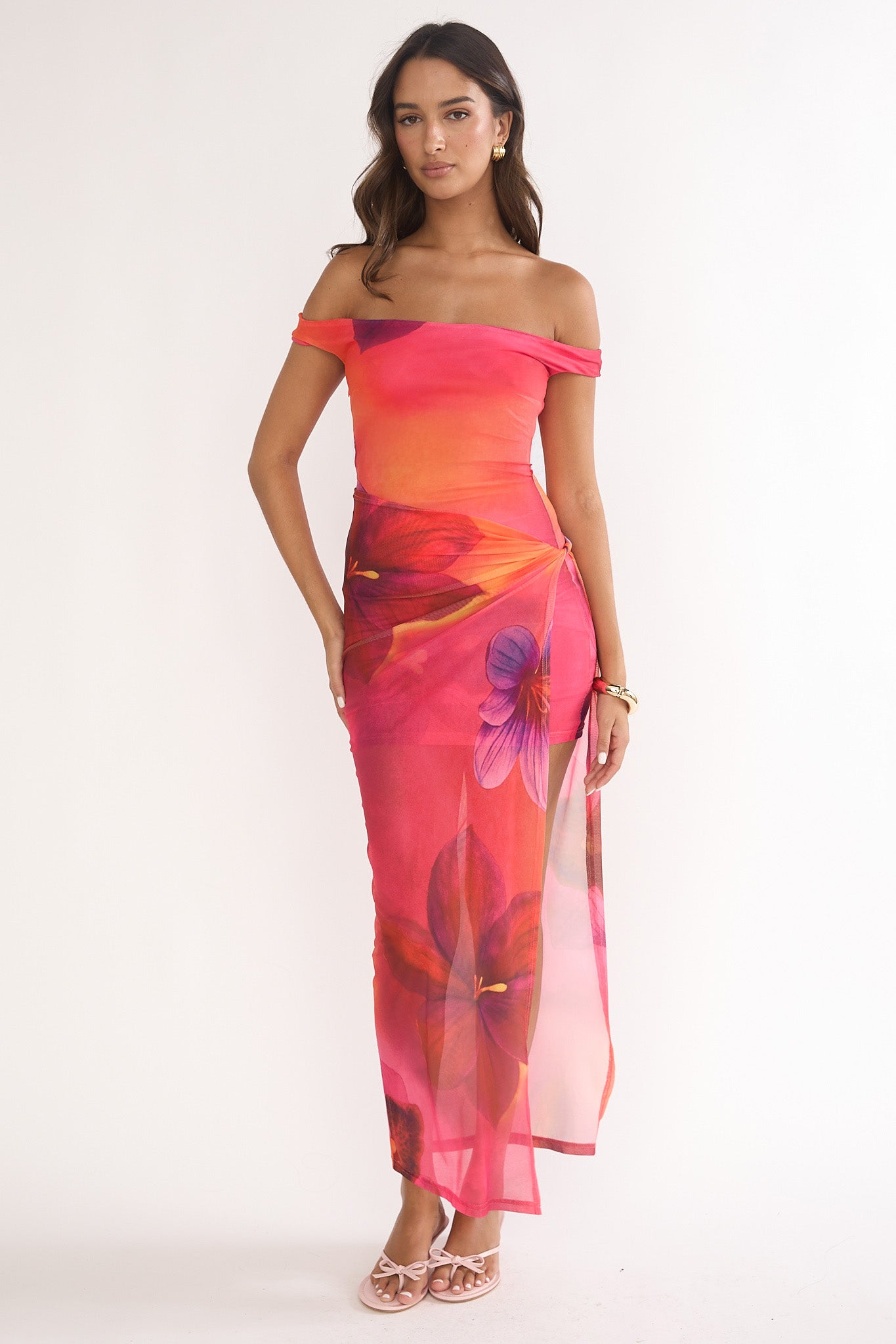 Romie Off-Shoulder Mesh Maxi Dress Print Floral-Maymioy