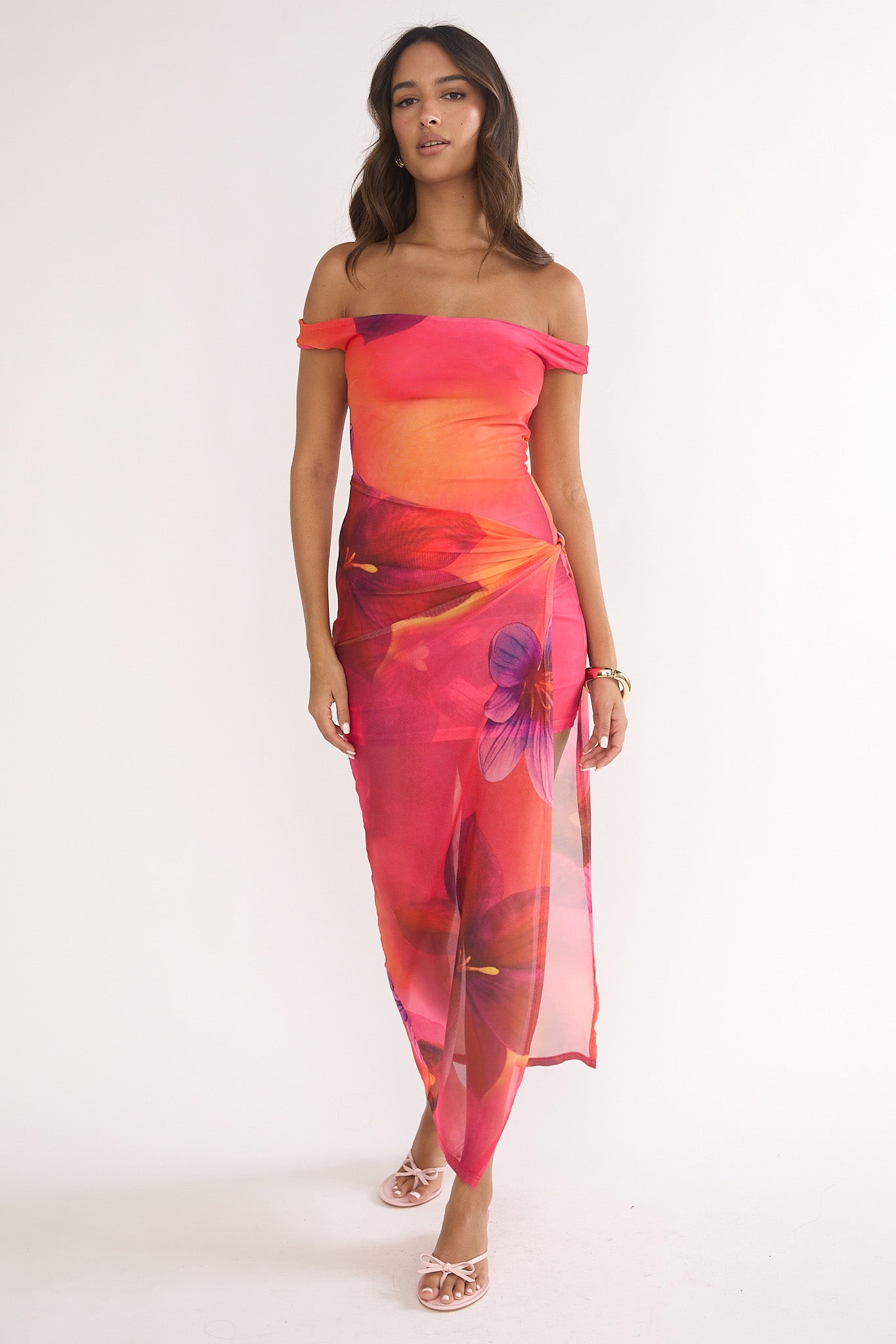 Romie Off-Shoulder Mesh Maxi Dress Print Floral-Maymioy