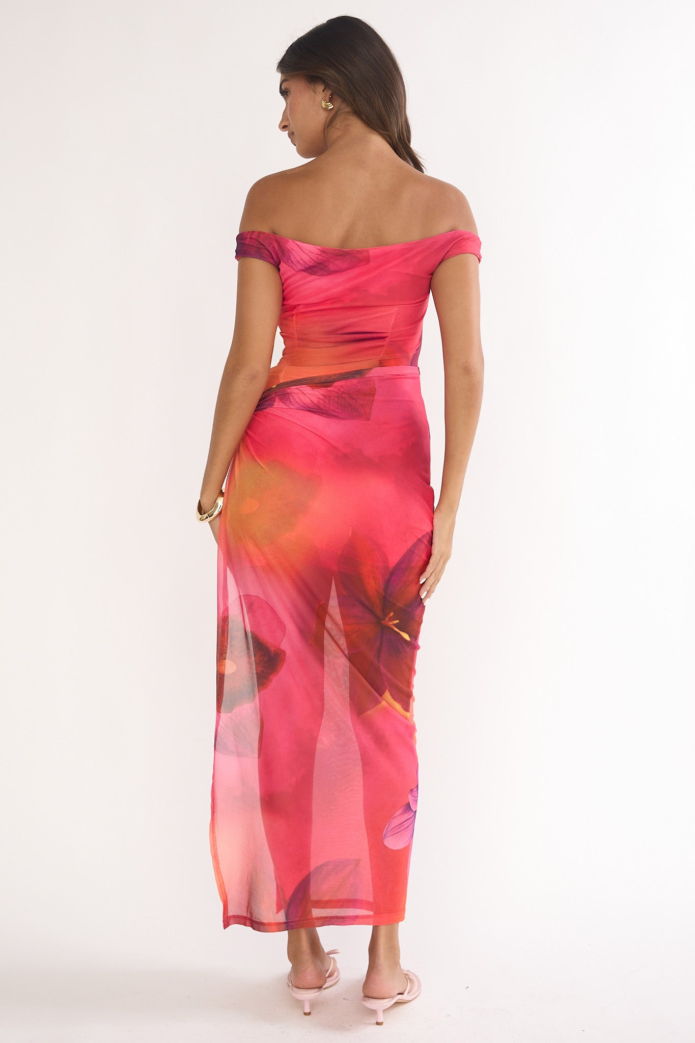 Romie Off-Shoulder Mesh Maxi Dress Print Floral-Maymioy