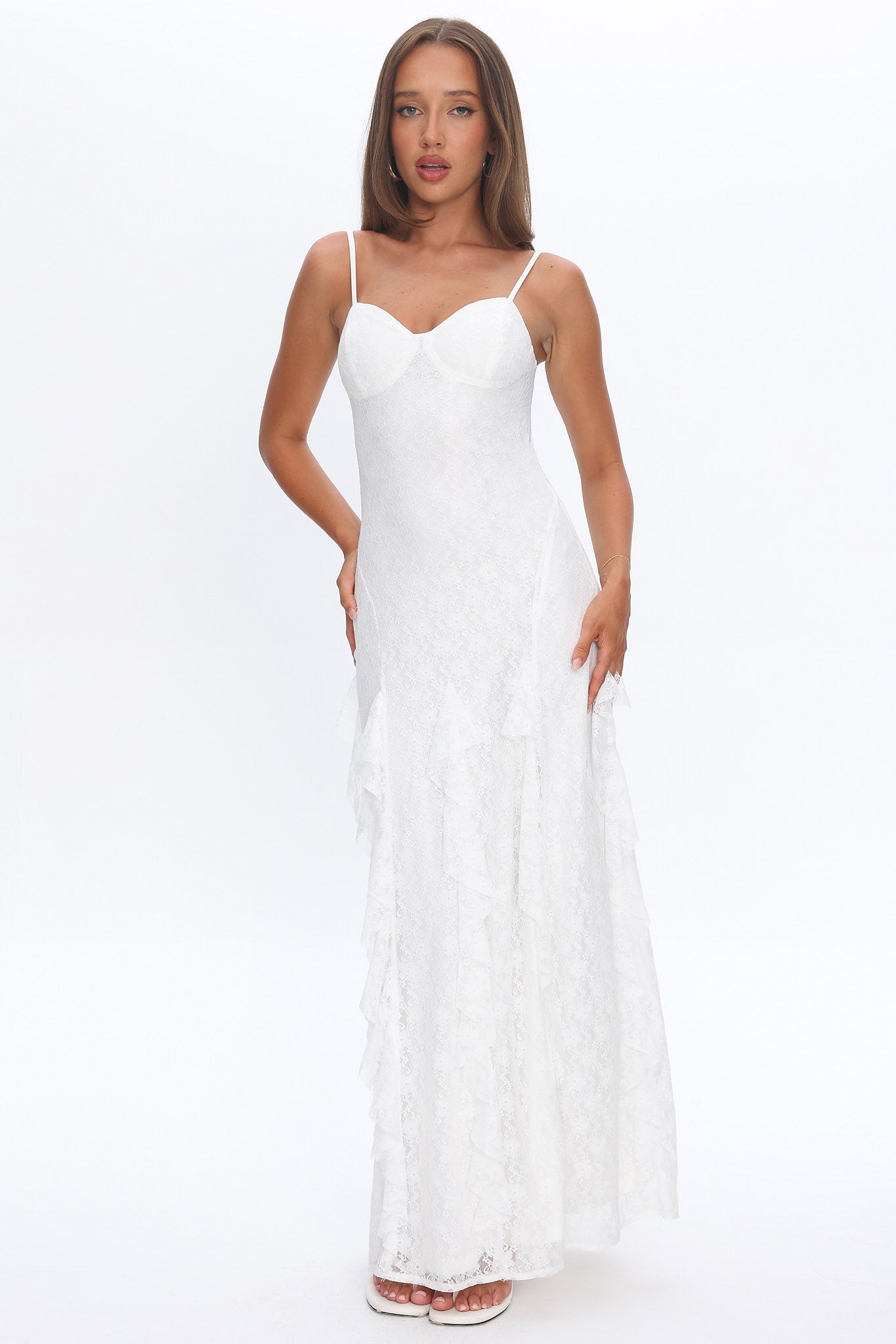Onique Lace-Up Back Split Maxi Dress Lace White-Maymioy