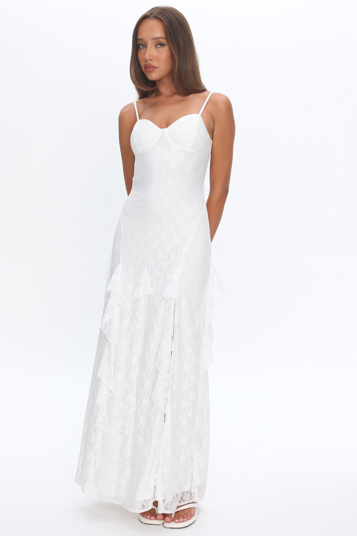 Onique Lace-Up Back Split Maxi Dress Lace White-Maymioy