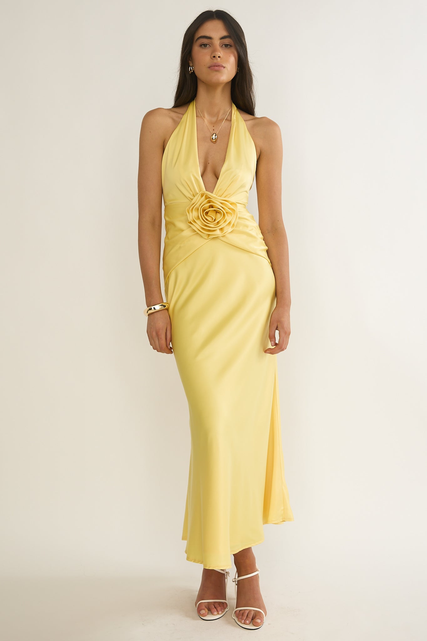 Vale 3D Flower Halter Maxi Dress Sunflower-Maymioy