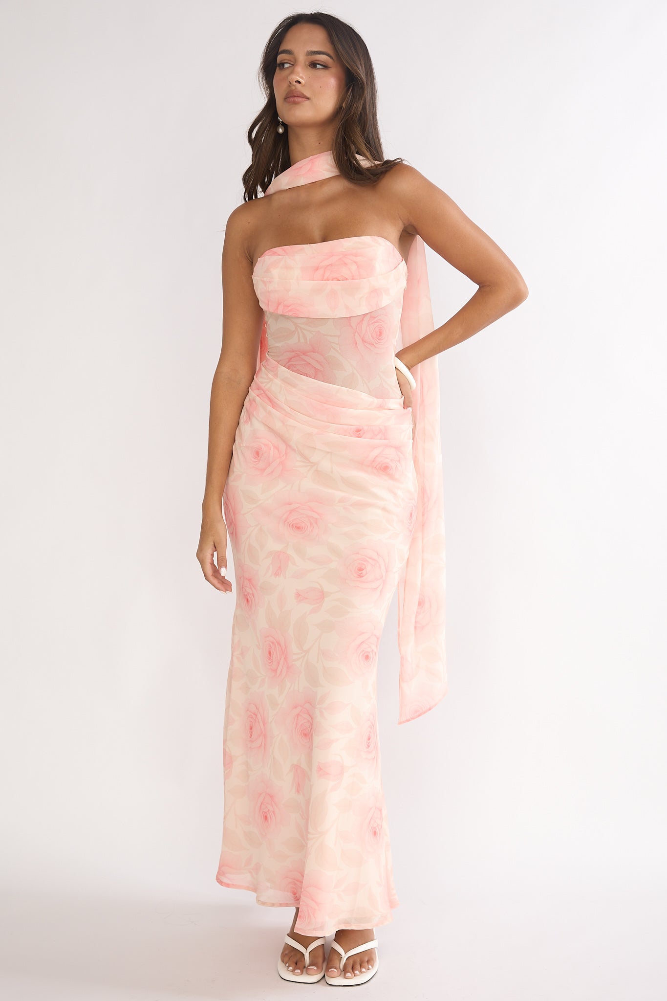 Unforgettable Day Drape Waist Strapless Maxi Dress Roses Floral-Maymioy