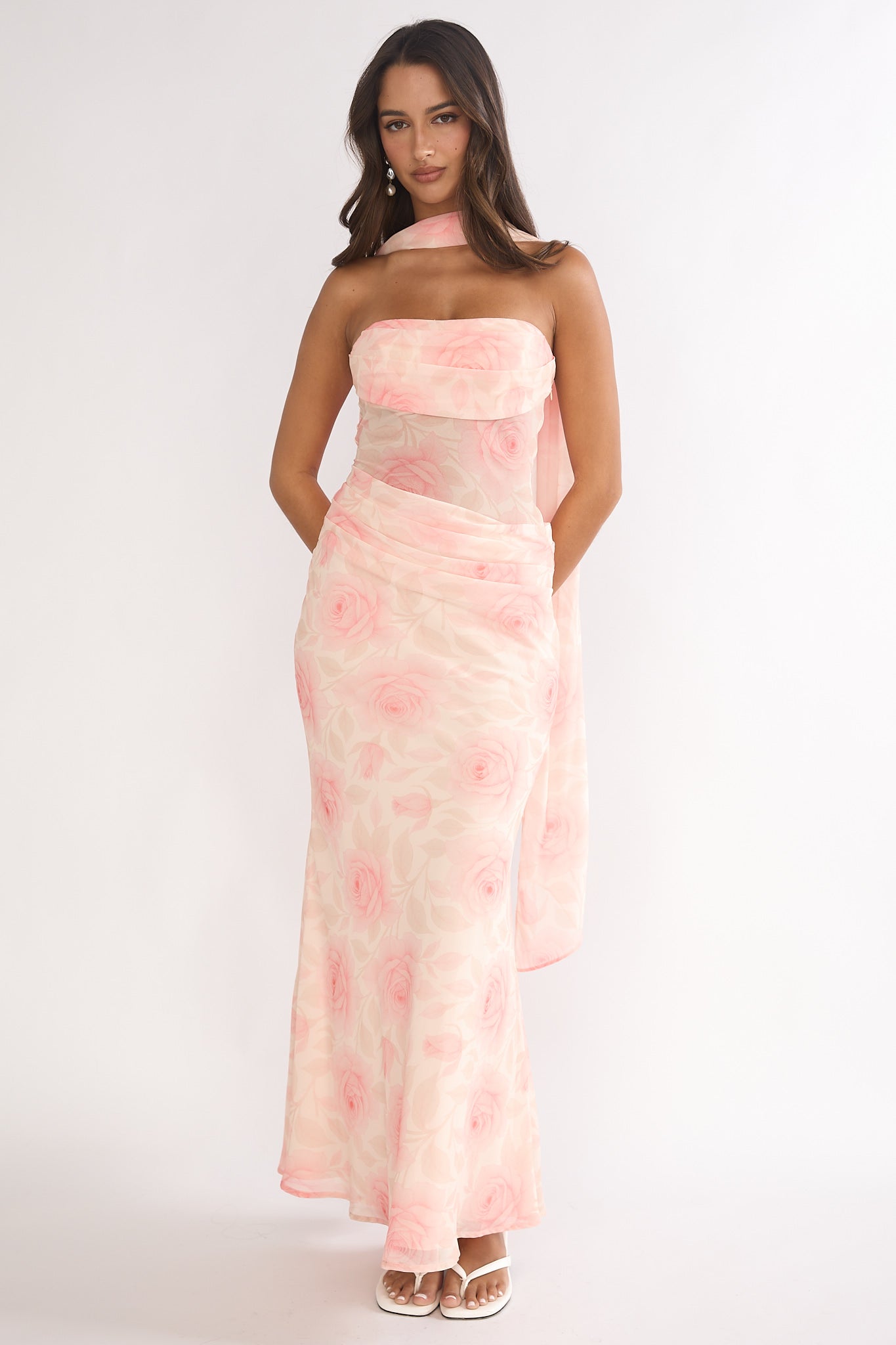 Unforgettable Day Drape Waist Strapless Maxi Dress Roses Floral-Maymioy