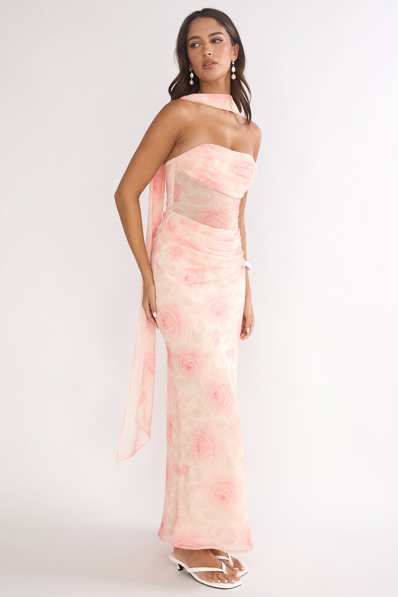 Unforgettable Day Drape Waist Strapless Maxi Dress Roses Floral-Maymioy