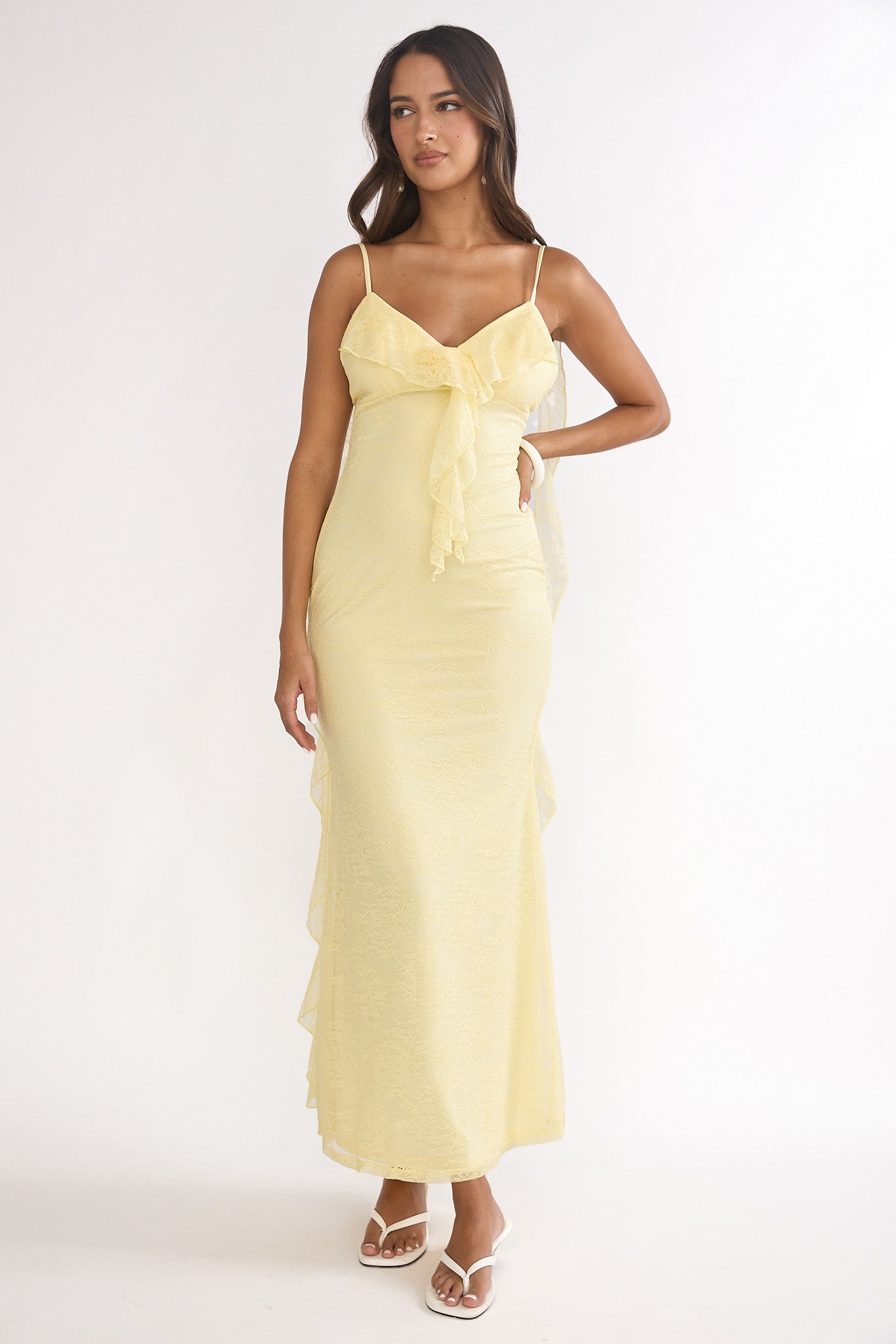 Sunspell Ruffle Trim Lace Maxi Dress Butter-Maymioy