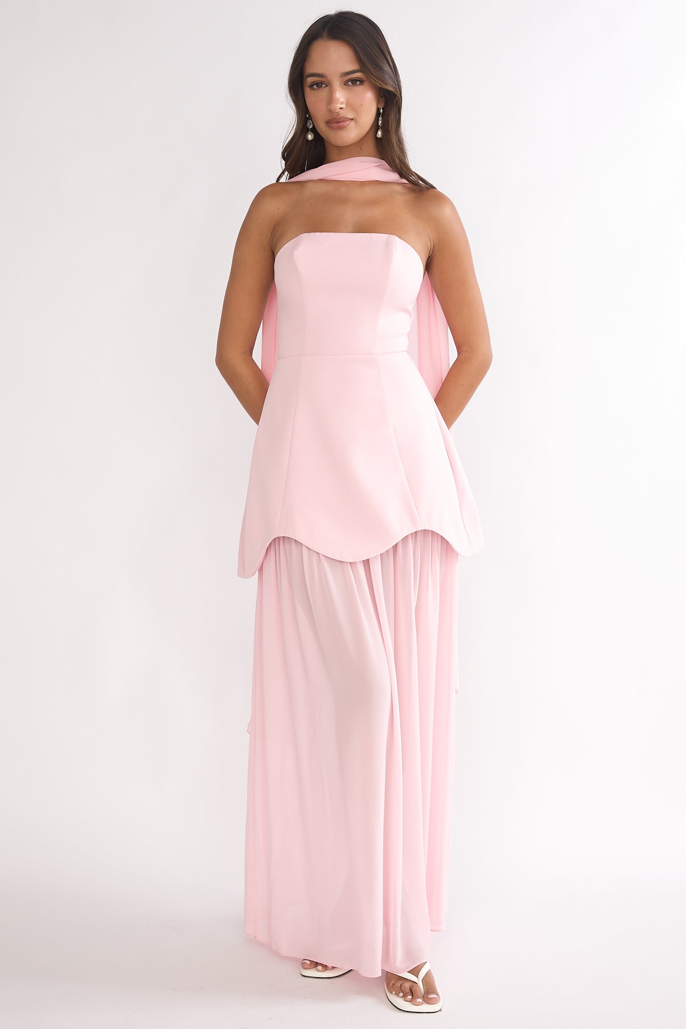 Poema Scalloped Sheer Hem Maxi Dress Pink-Maymioy