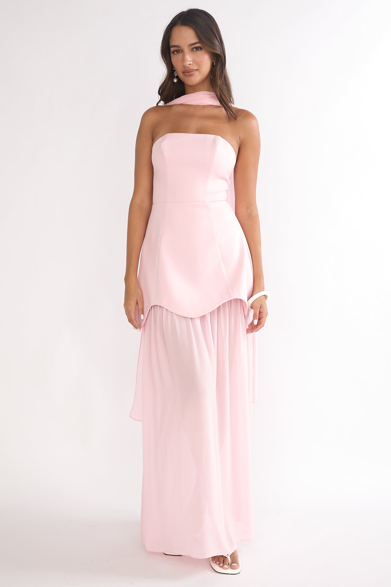 Poema Scalloped Sheer Hem Maxi Dress Pink-Maymioy