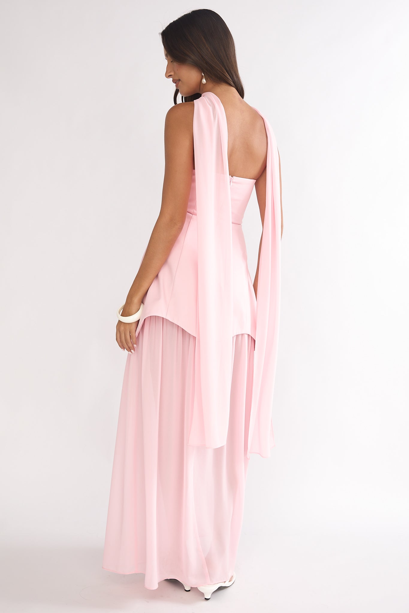 Poema Scalloped Sheer Hem Maxi Dress Pink-Maymioy