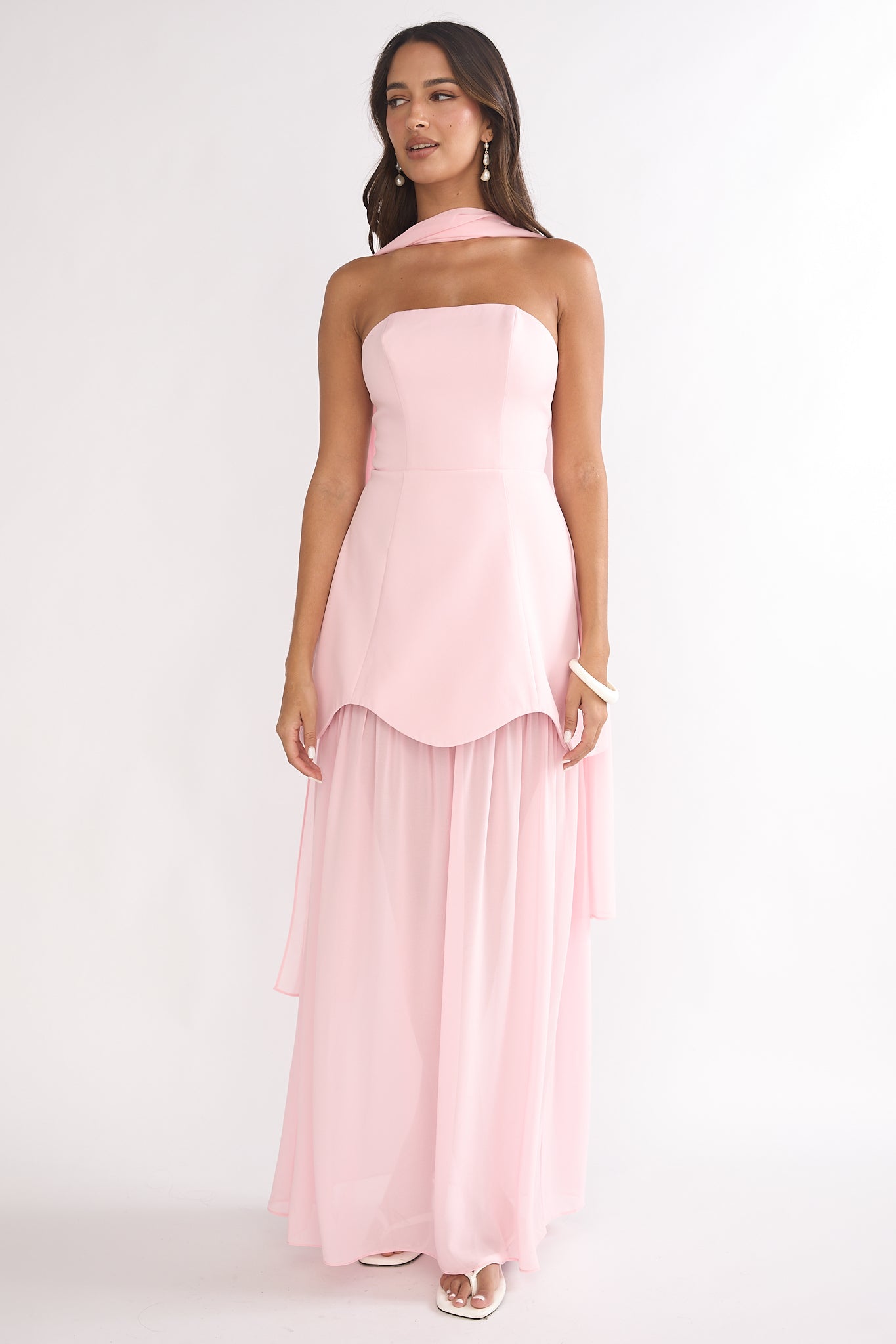 Poema Scalloped Sheer Hem Maxi Dress Pink-Maymioy