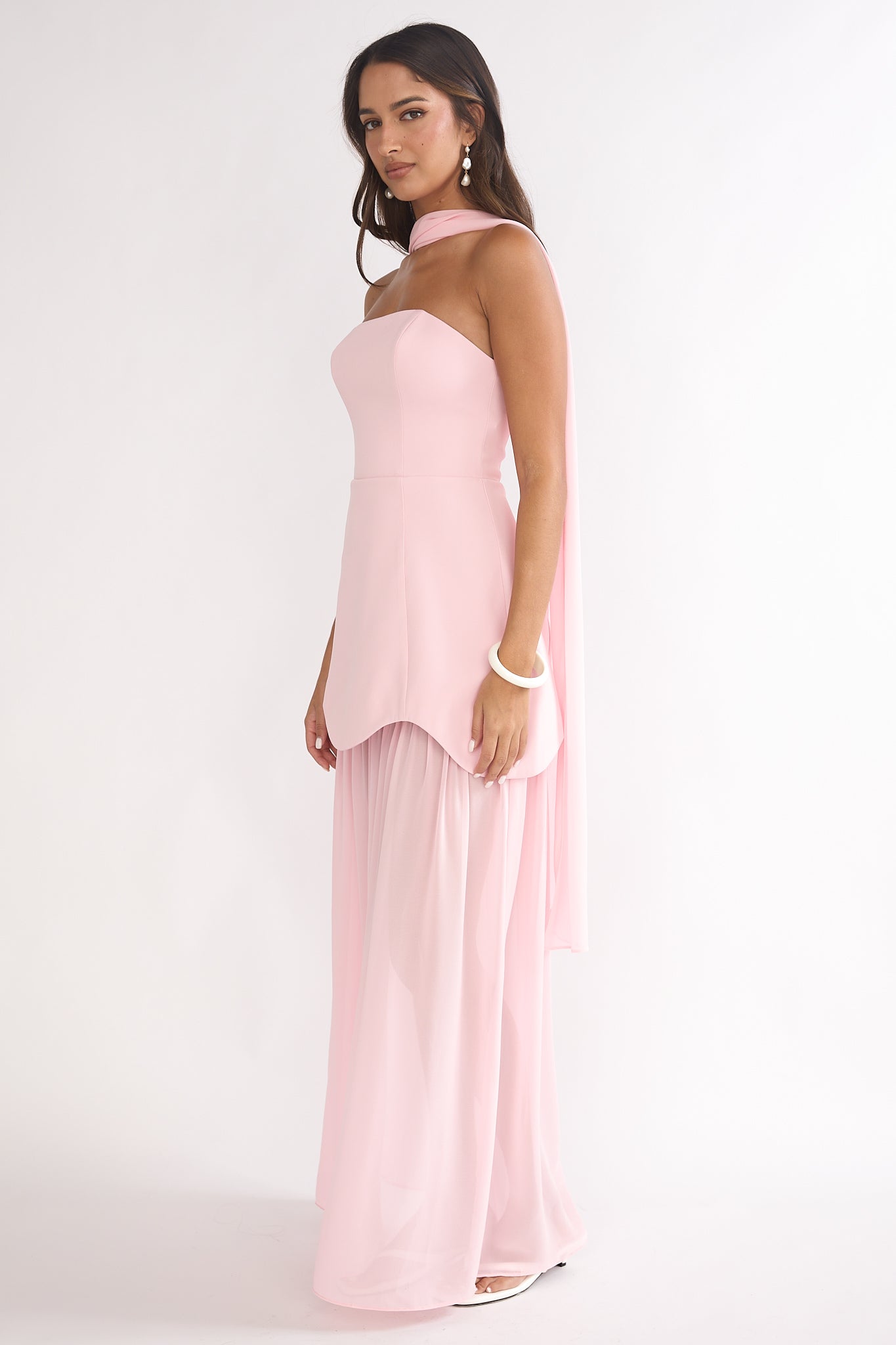 Poema Scalloped Sheer Hem Maxi Dress Pink-Maymioy