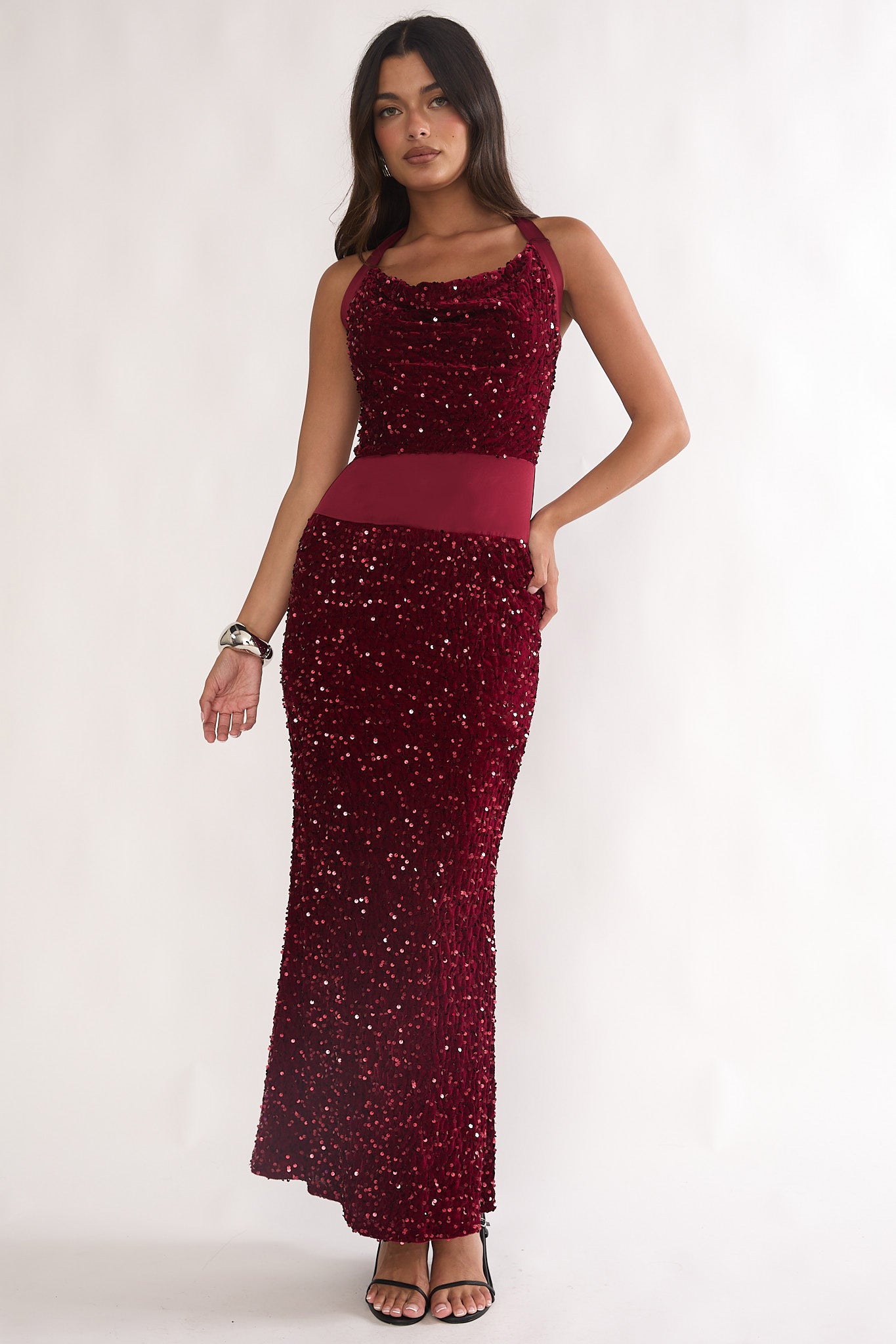 Cabernet Halter Maxi Dress Sequin Wine-Maymioy