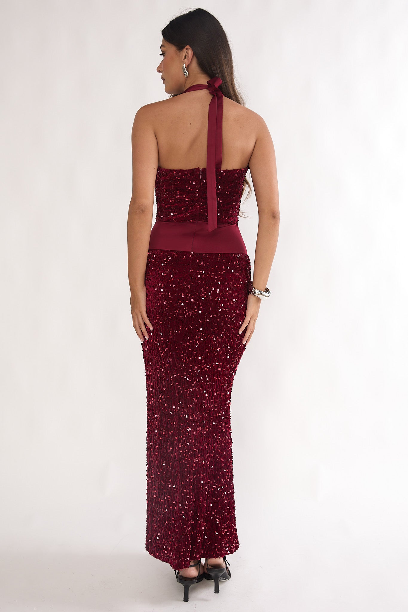 Cabernet Halter Maxi Dress Sequin Wine-Maymioy