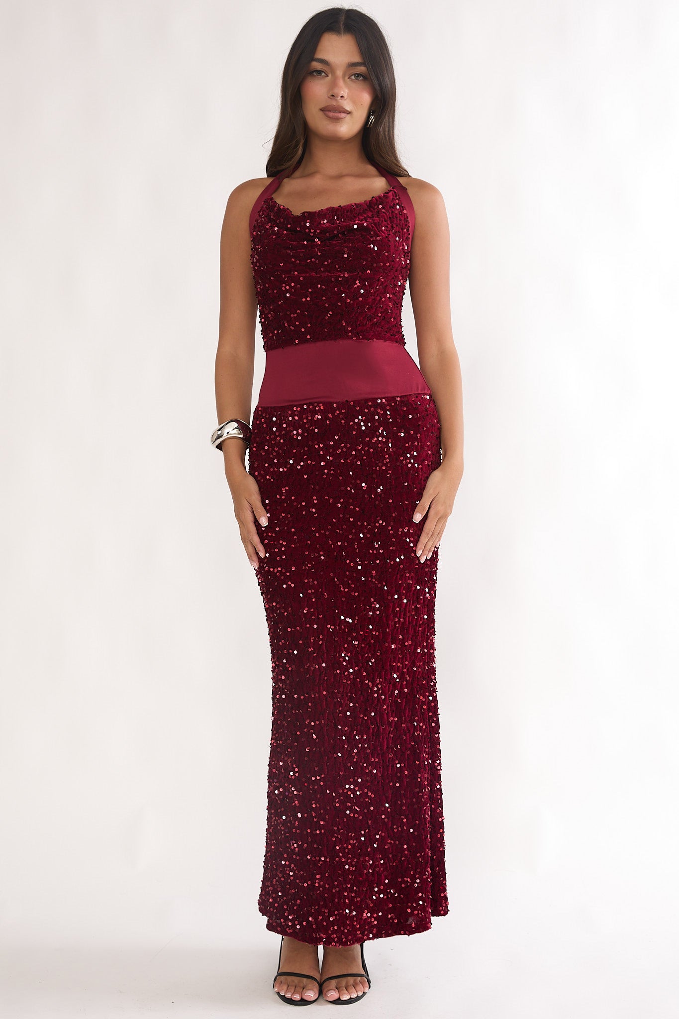Cabernet Halter Maxi Dress Sequin Wine-Maymioy