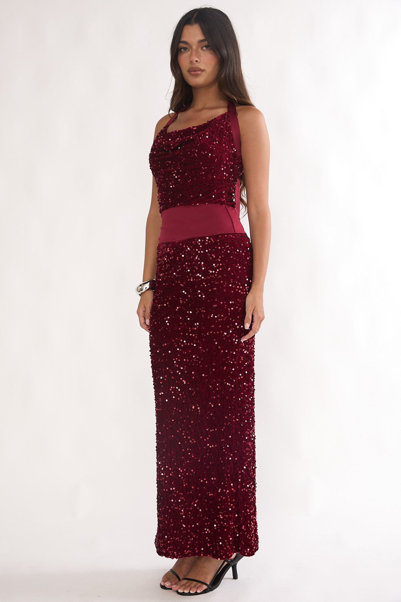 Cabernet Halter Maxi Dress Sequin Wine-Maymioy