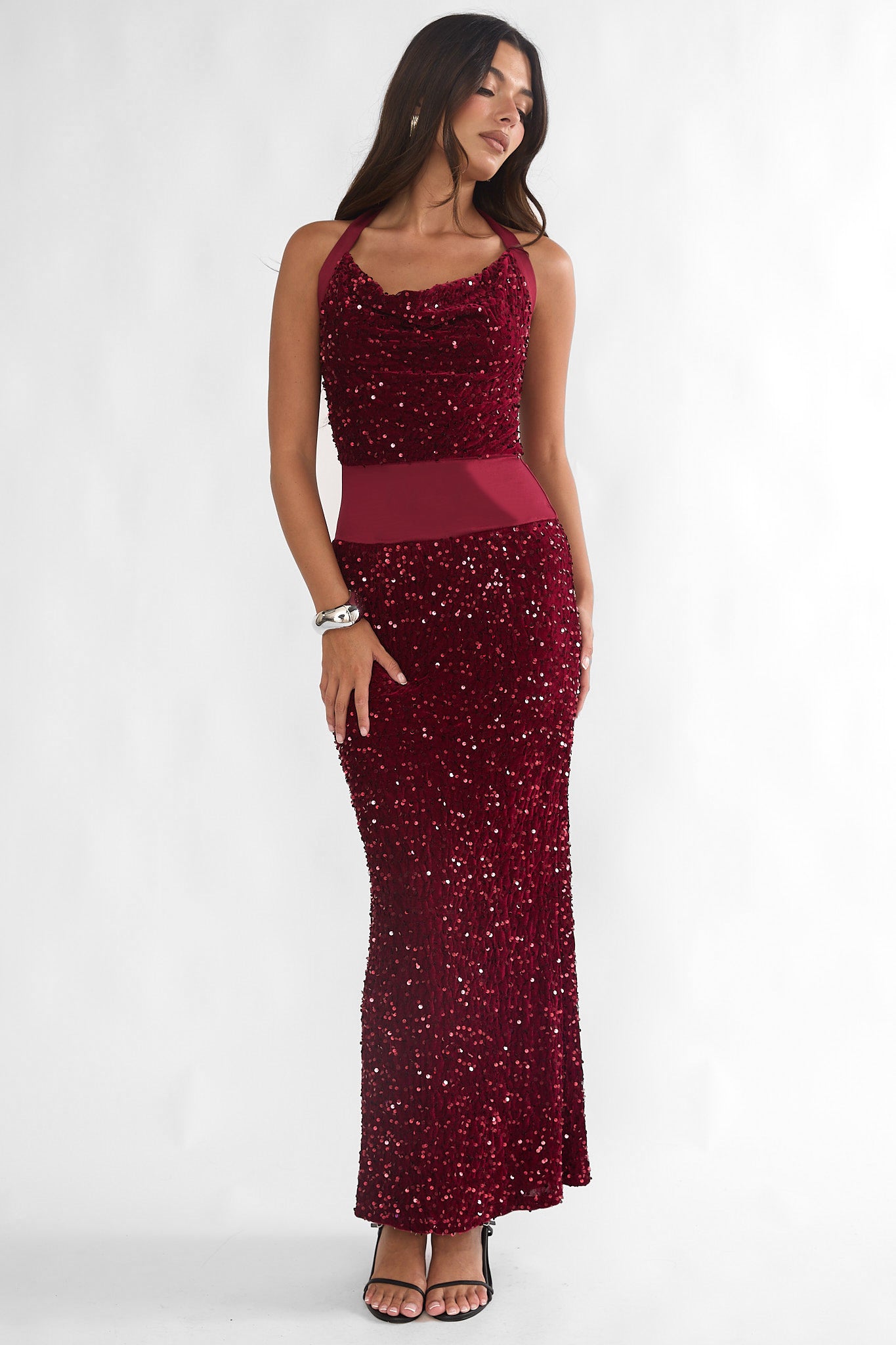 Cabernet Halter Maxi Dress Sequin Wine-Maymioy