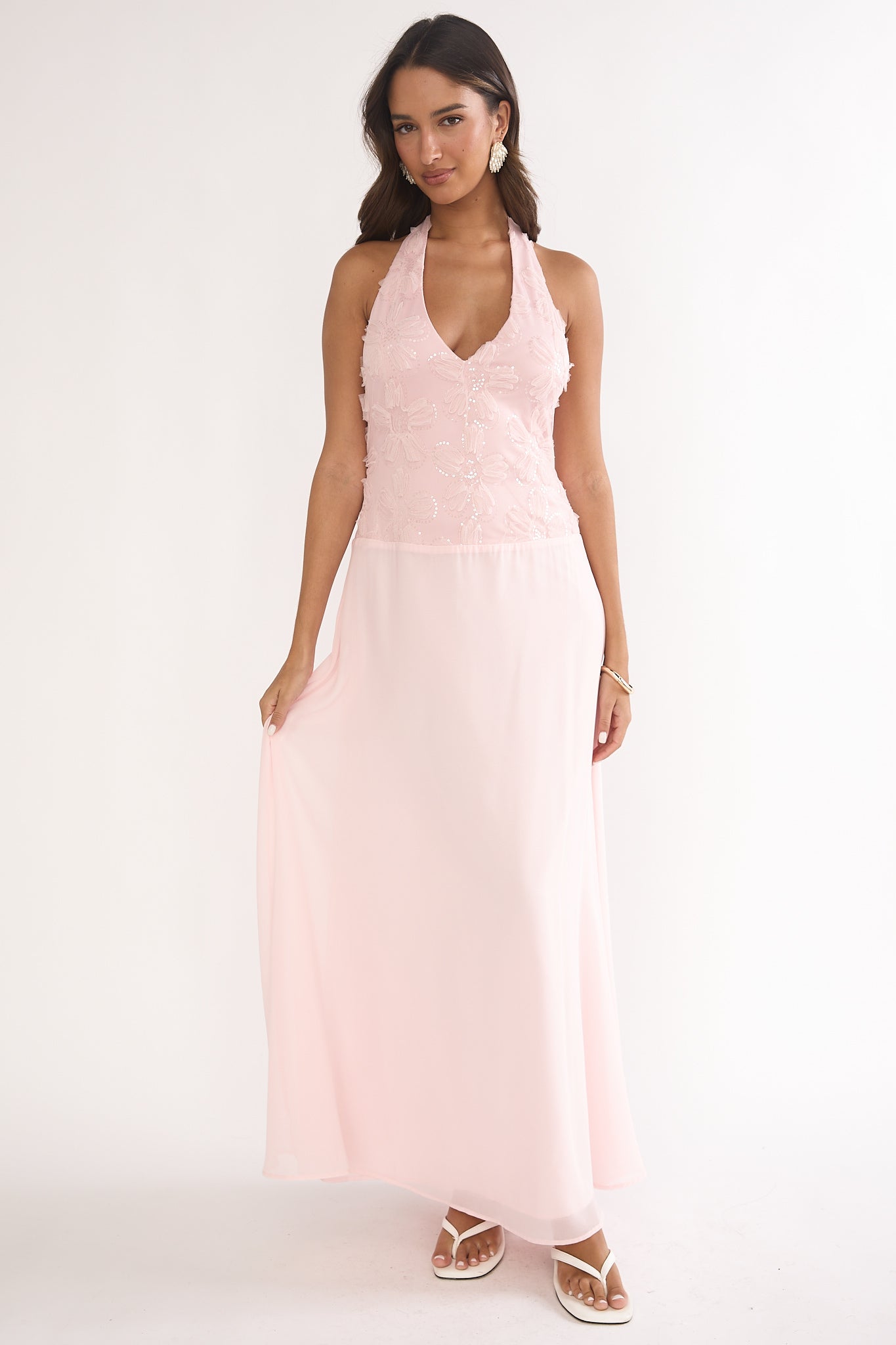 Blushing Belle Embellished Halter Maxi Dress Blush-Maymioy
