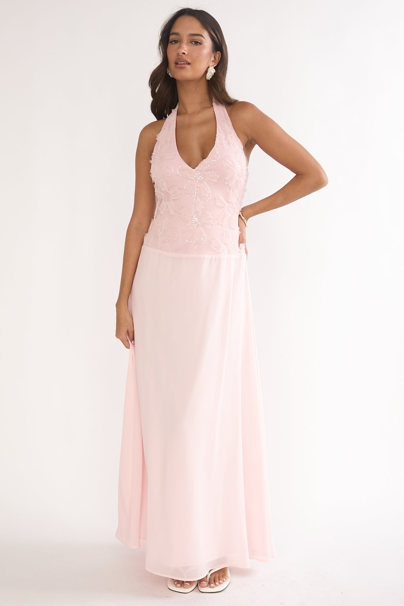 Blushing Belle Embellished Halter Maxi Dress Blush-Maymioy
