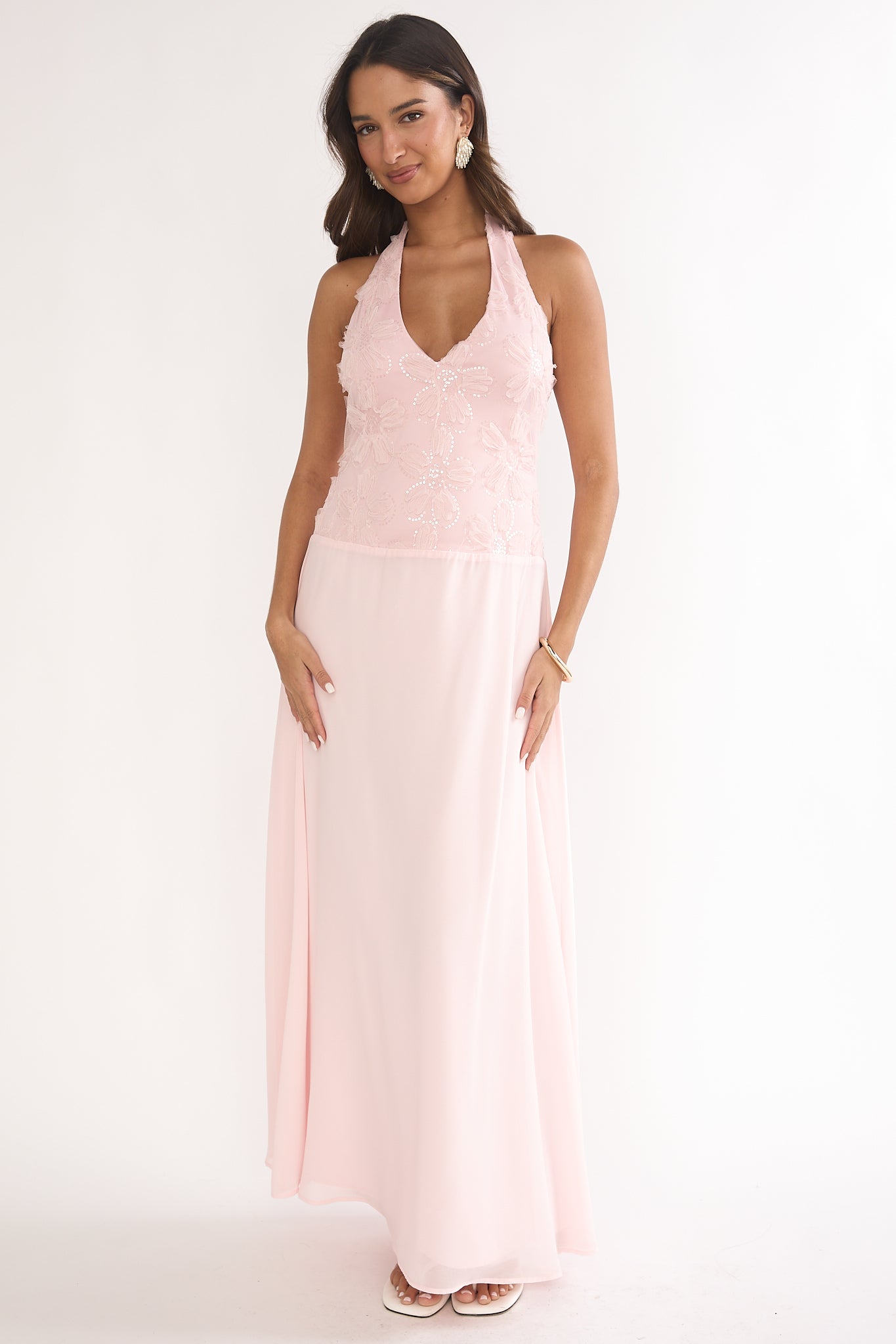 Blushing Belle Embellished Halter Maxi Dress Blush-Maymioy