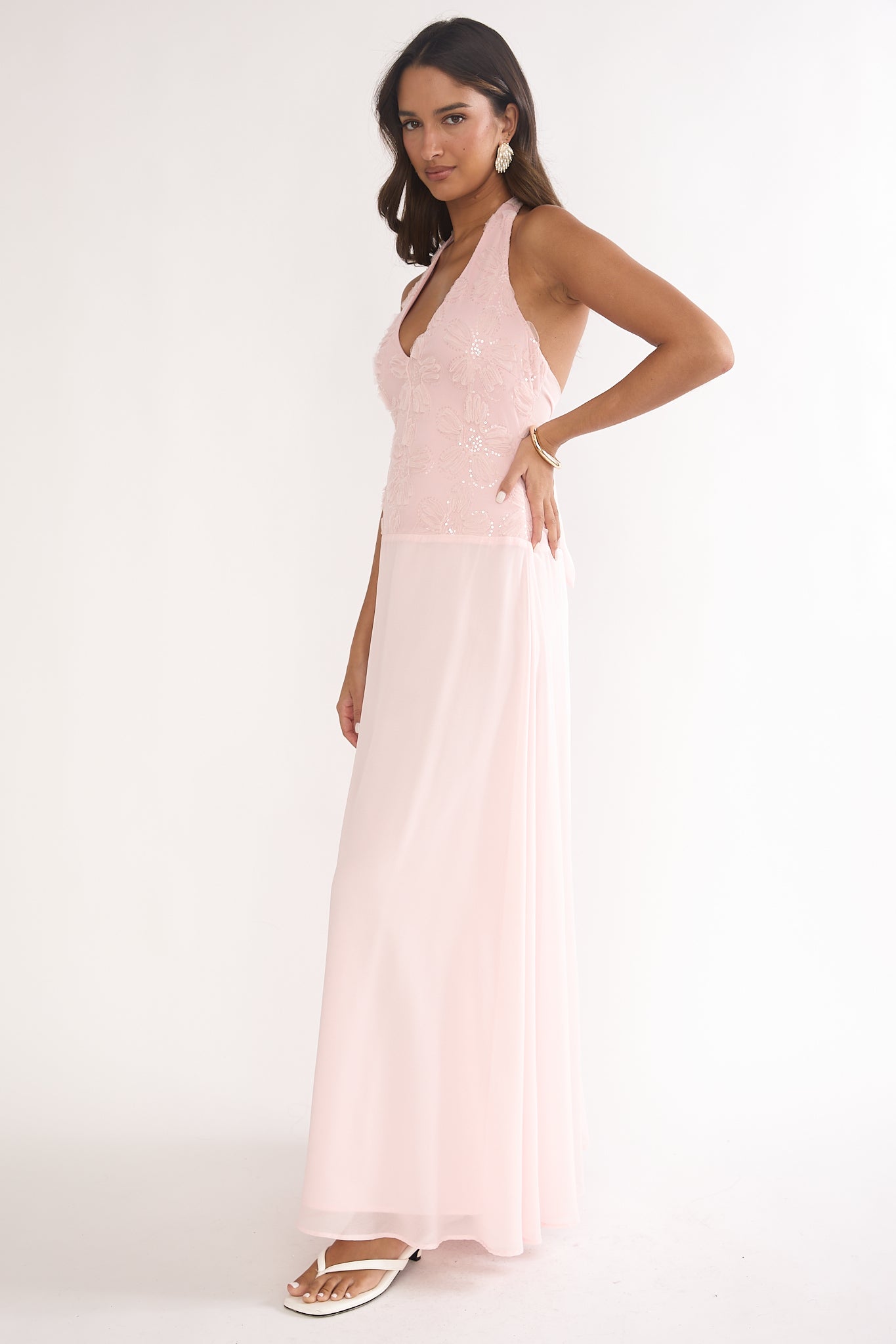 Blushing Belle Embellished Halter Maxi Dress Blush-Maymioy