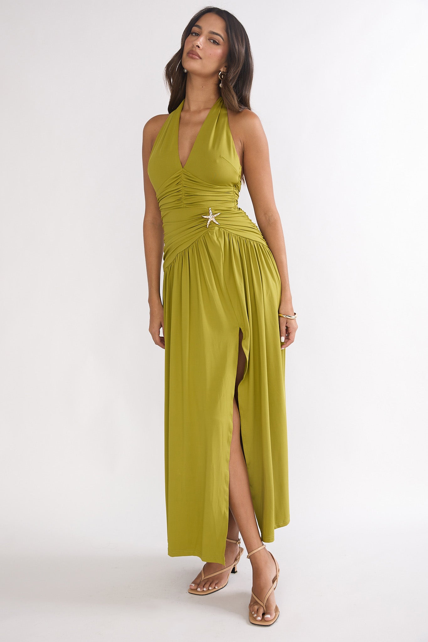 Nightbloom Ruched Waist Halter Maxi Dress Olive-Maymioy