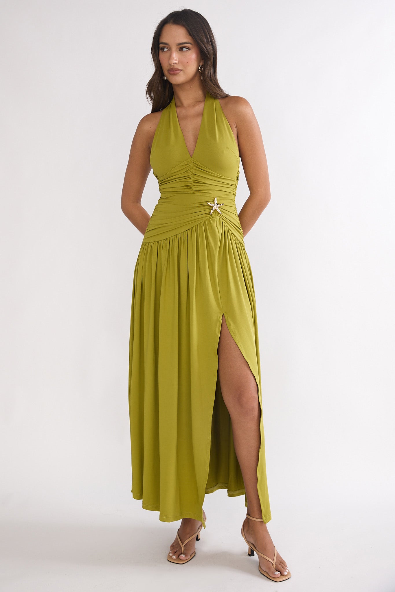 Nightbloom Ruched Waist Halter Maxi Dress Olive-Maymioy