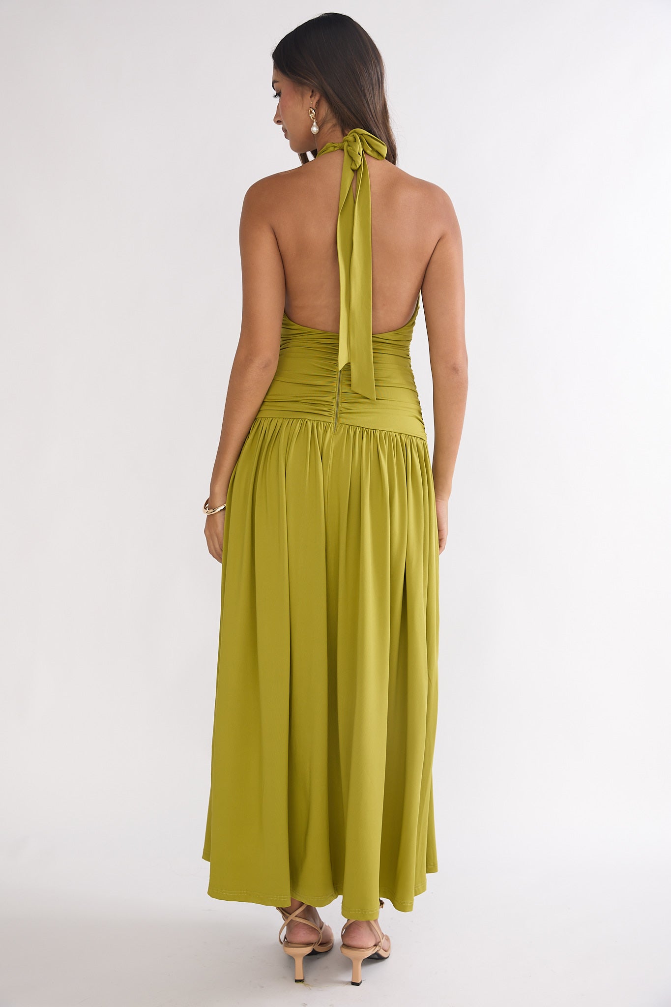 Nightbloom Ruched Waist Halter Maxi Dress Olive-Maymioy