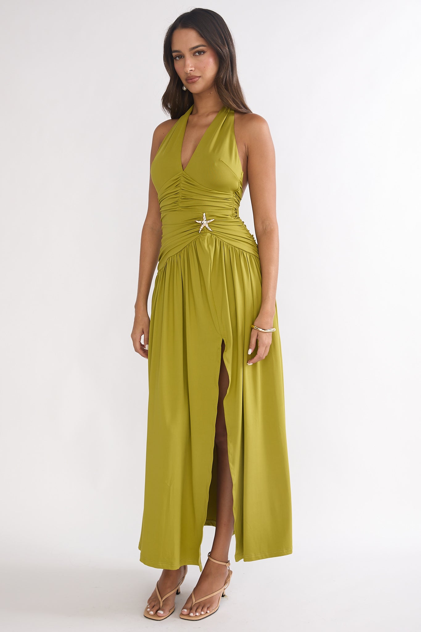 Nightbloom Ruched Waist Halter Maxi Dress Olive-Maymioy