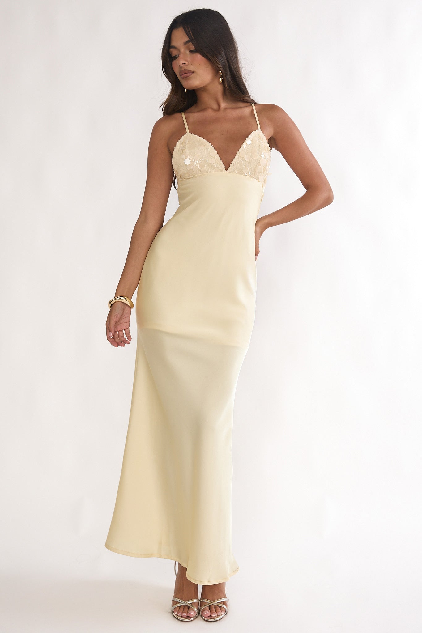 Brynn Sequin Bust Open Back Maxi Dress Butter-Maymioy