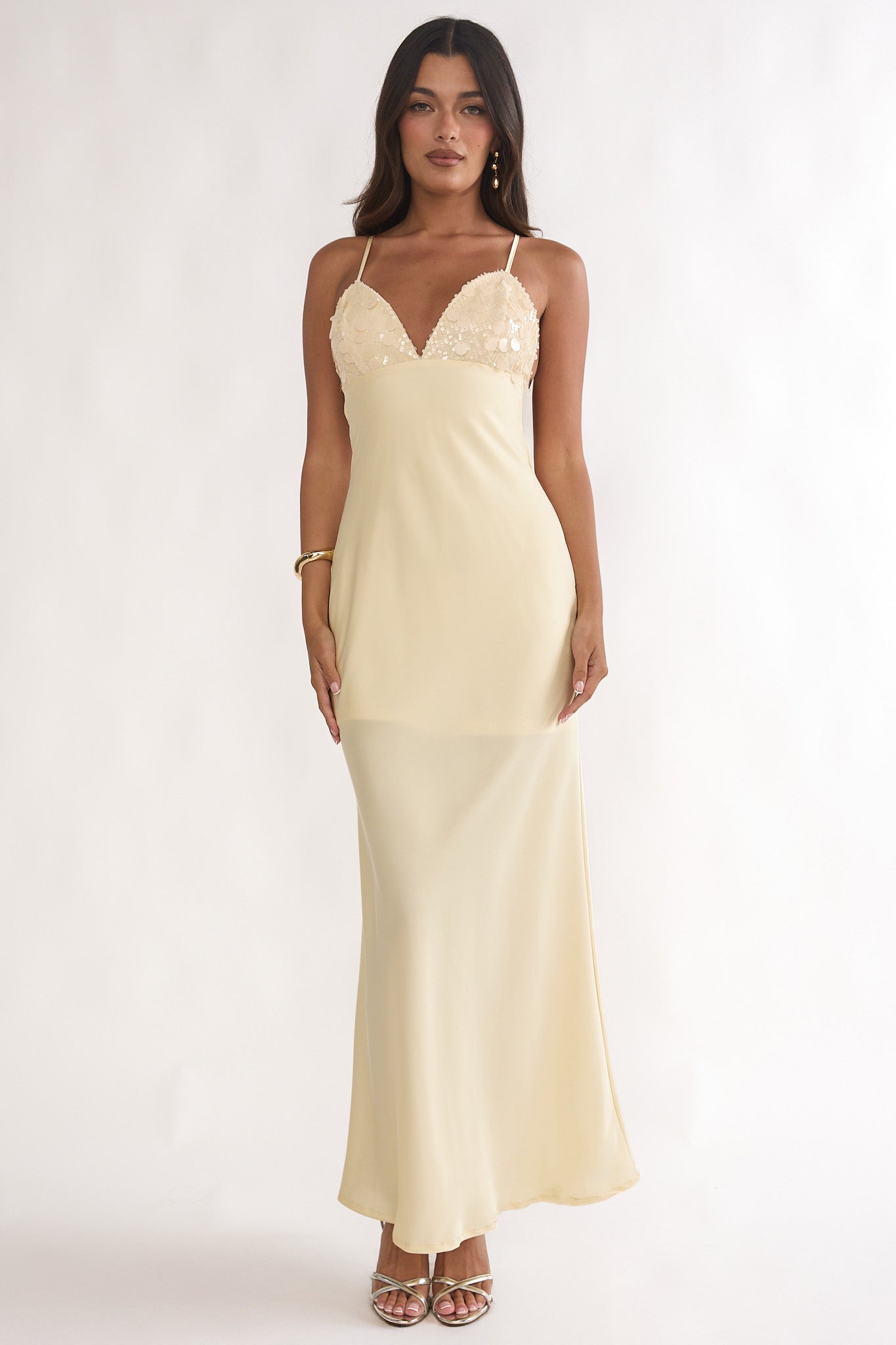Brynn Sequin Bust Open Back Maxi Dress Butter-Maymioy