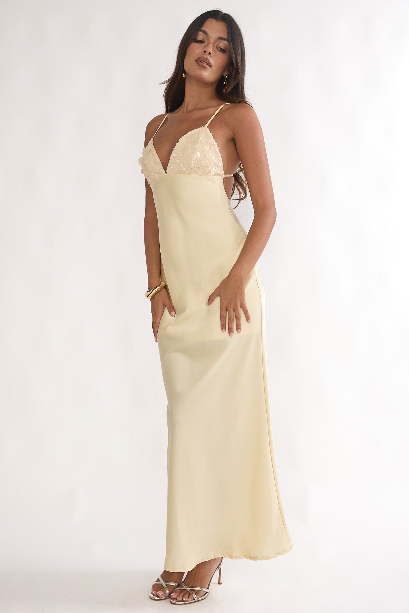 Brynn Sequin Bust Open Back Maxi Dress Butter-Maymioy