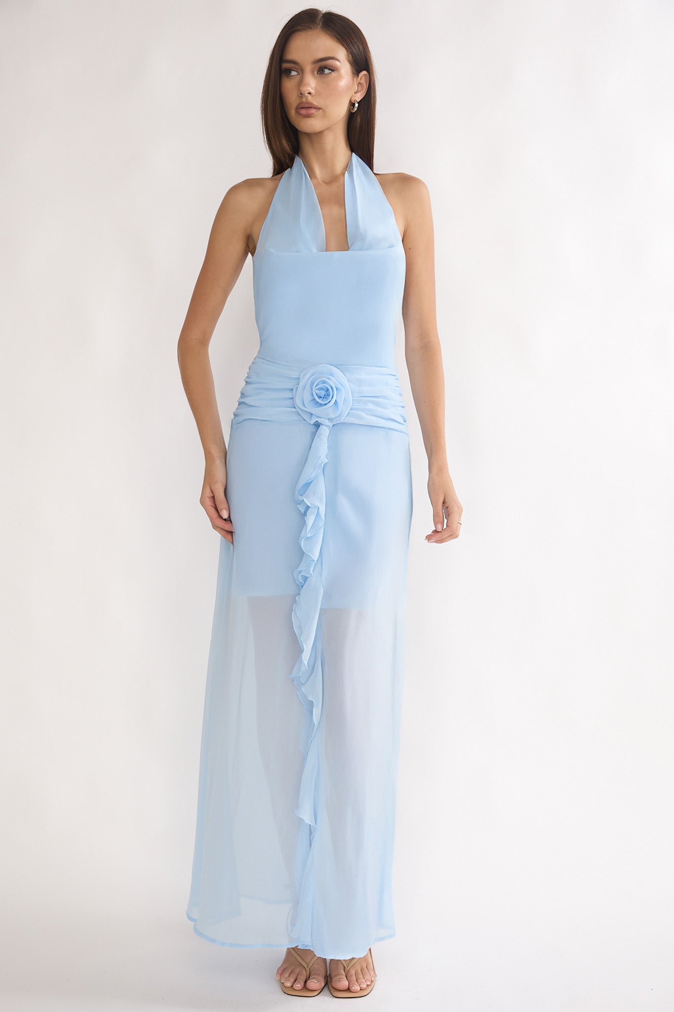 Thailah Gathered Waist Cowl Maxi Dress Ice Blue-Maymioy