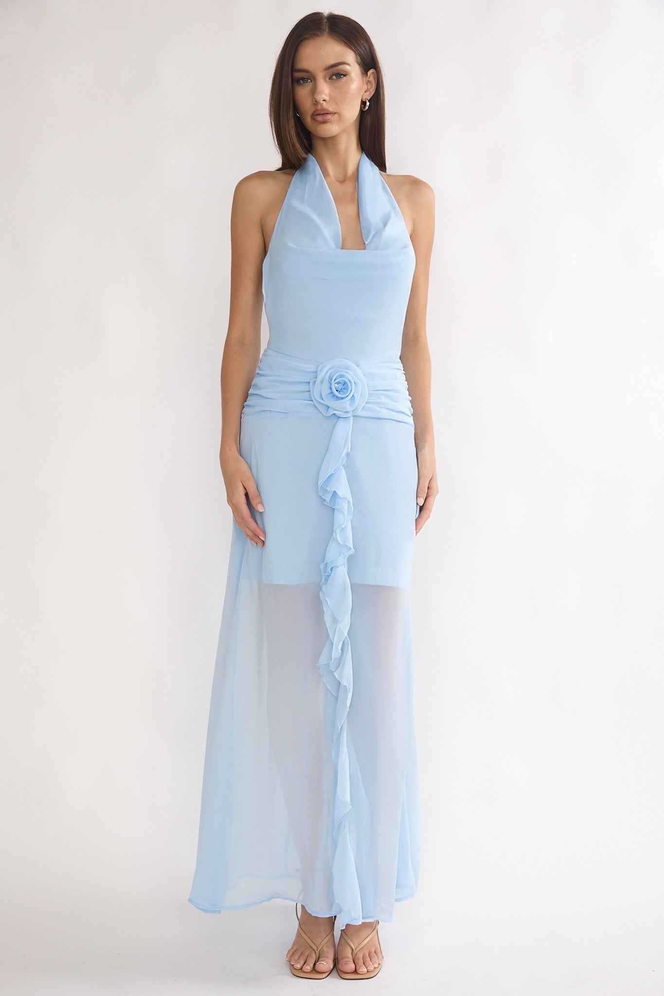 Thailah Gathered Waist Cowl Maxi Dress Ice Blue-Maymioy