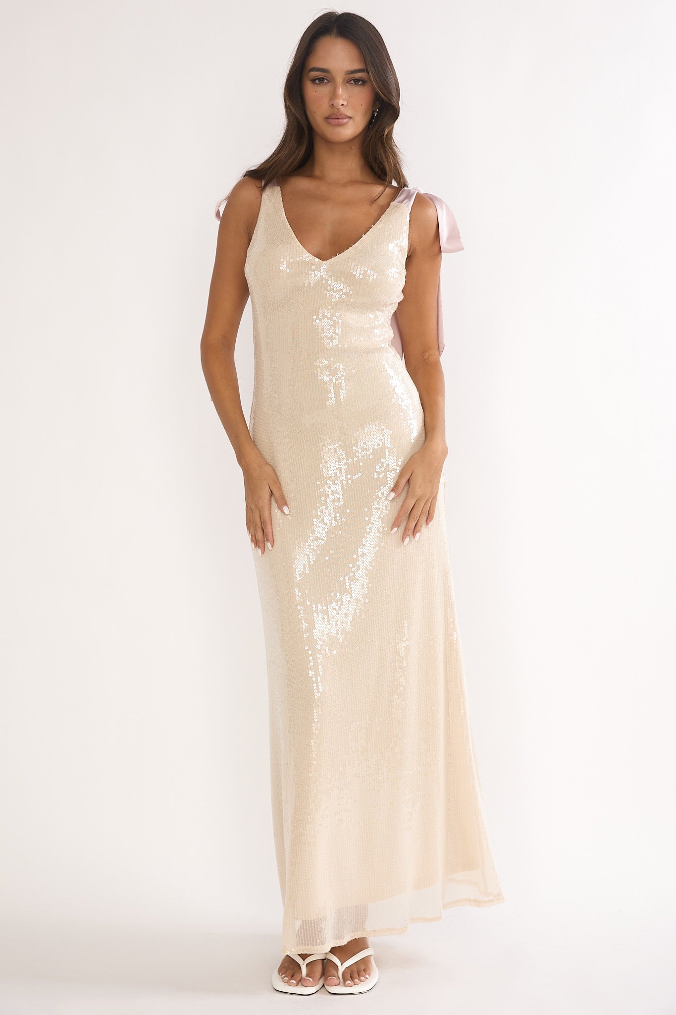 Bellamira Bow Shoulder Maxi Dress Sequin Champagne-Maymioy