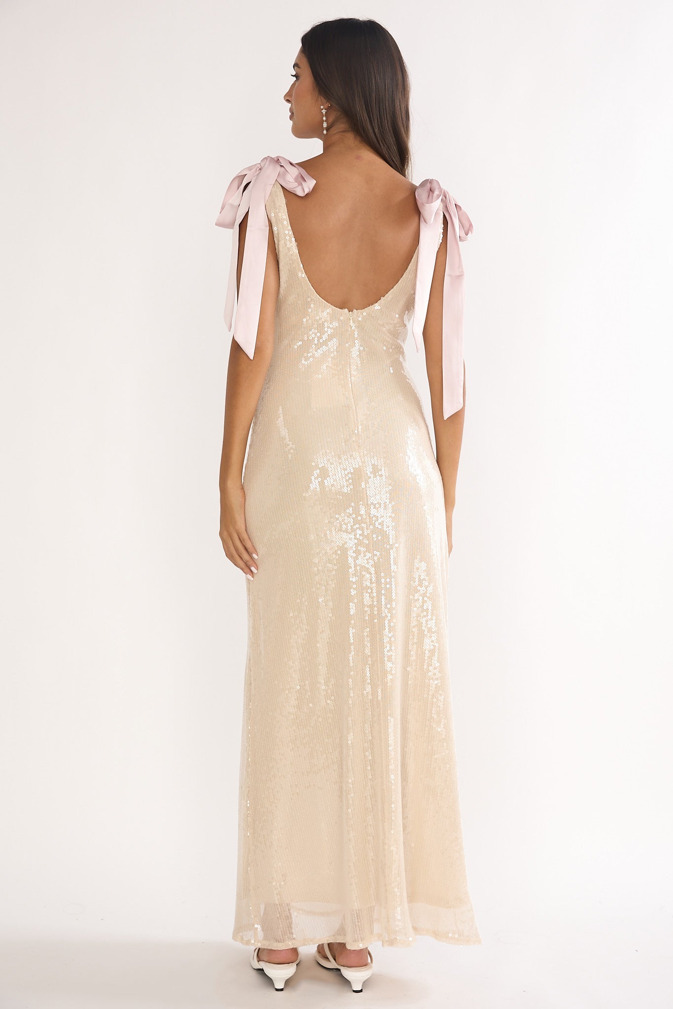 Bellamira Bow Shoulder Maxi Dress Sequin Champagne-Maymioy