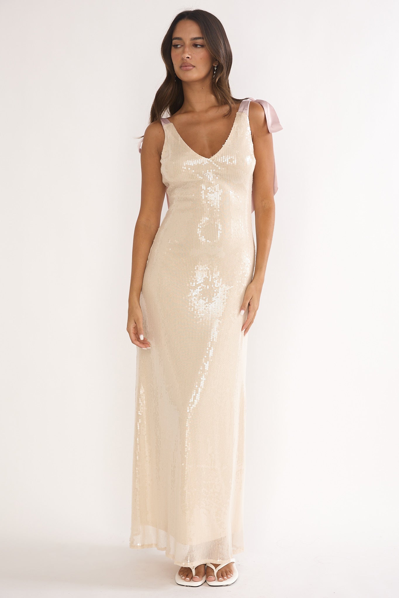 Bellamira Bow Shoulder Maxi Dress Sequin Champagne-Maymioy