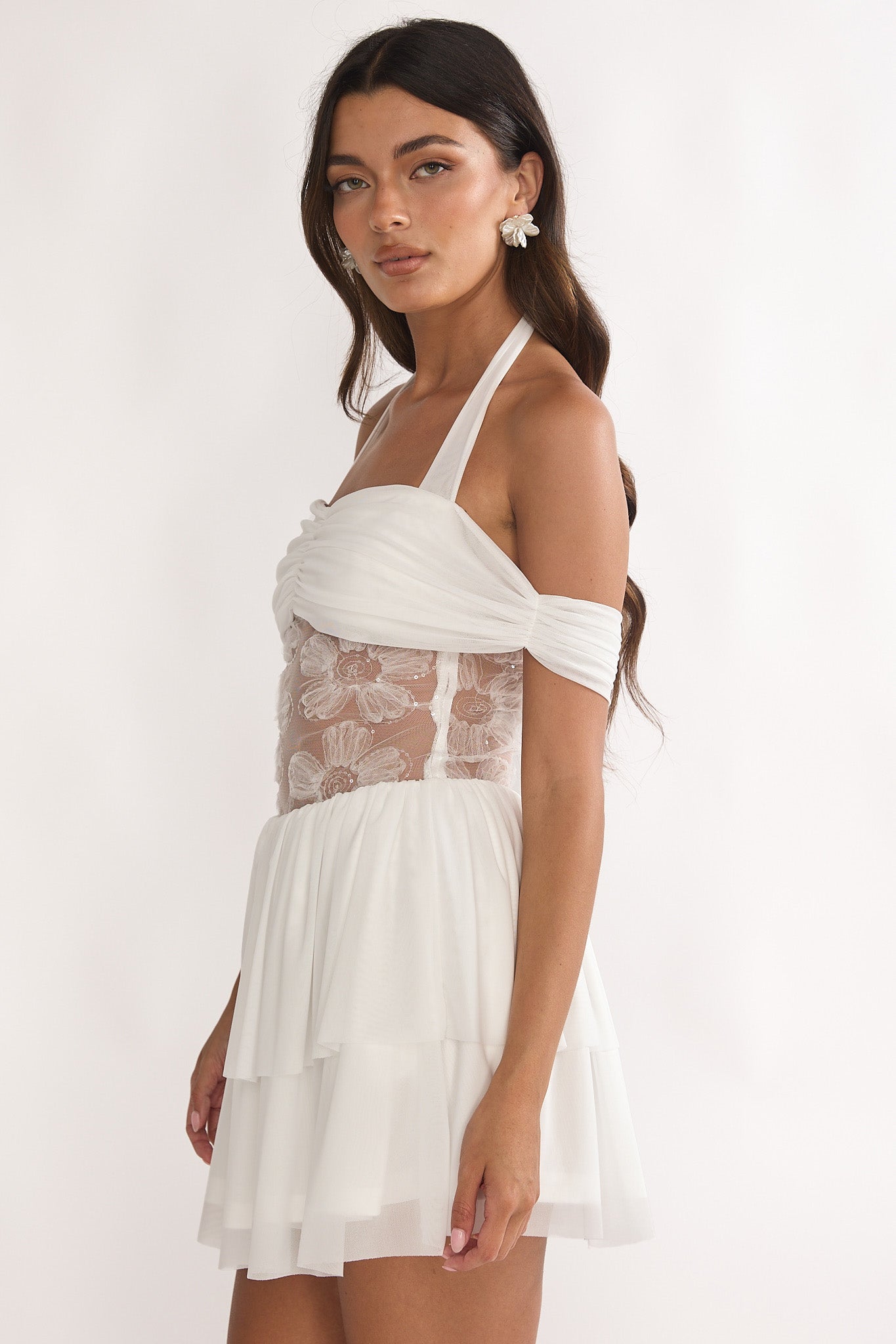 Esmara Mesh Waist Halter Mini Dress White-Maymioy