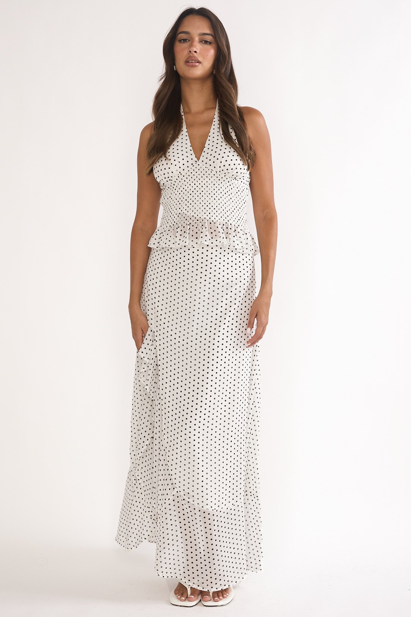Caliah Ruffle Split Maxi Skirt Polka Dot Ivory-Maymioy