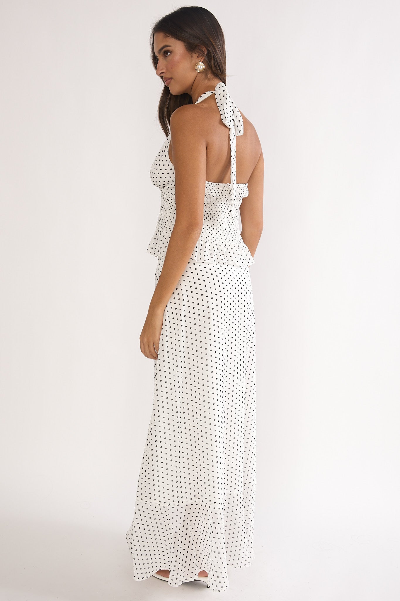 Caliah Ruffle Split Maxi Skirt Polka Dot Ivory-Maymioy
