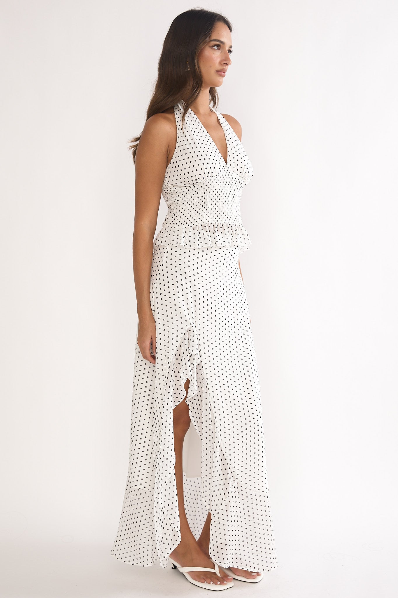 Caliah Ruffle Split Maxi Skirt Polka Dot Ivory-Maymioy