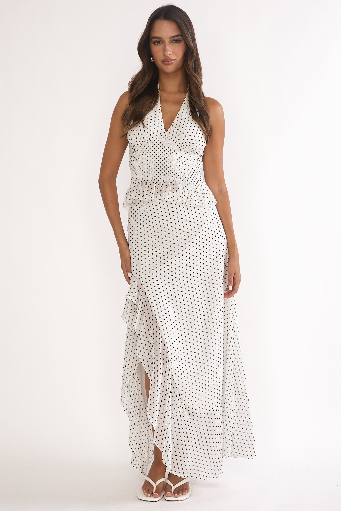Caliah Ruffle Split Maxi Skirt Polka Dot Ivory-Maymioy