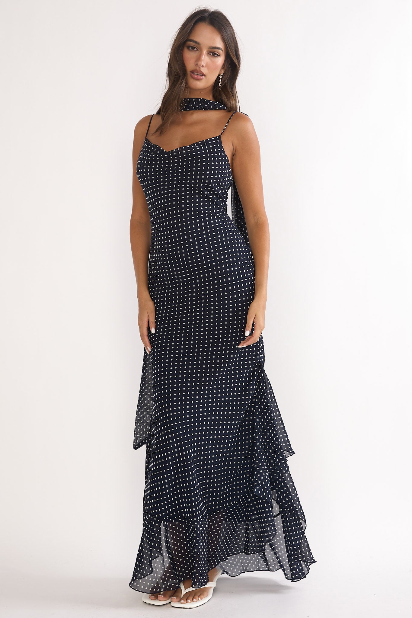 Emmara Tied Shoulder Maxi Dress Polka Dot Navy-Maymioy
