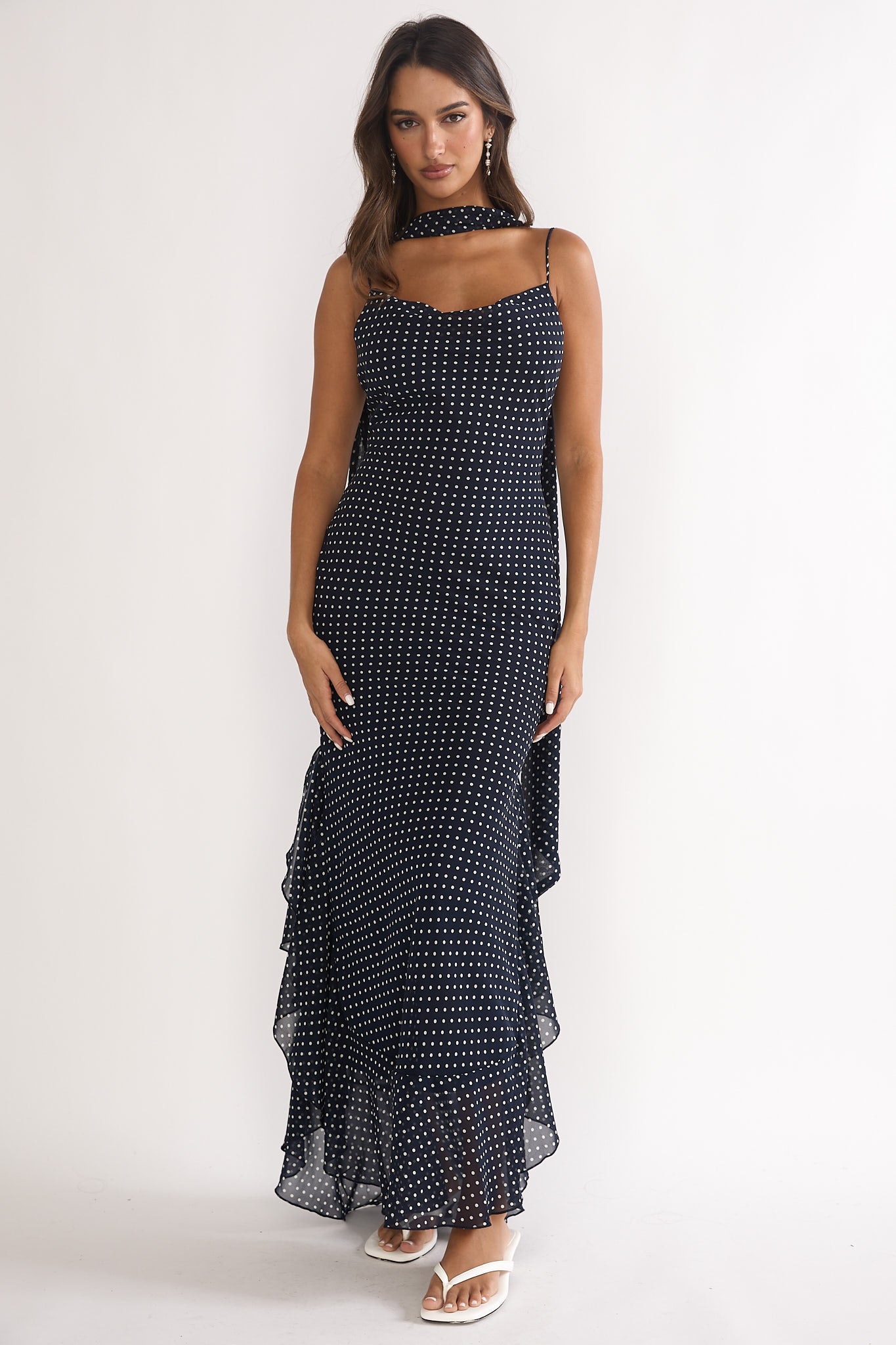 Emmara Tied Shoulder Maxi Dress Polka Dot Navy-Maymioy