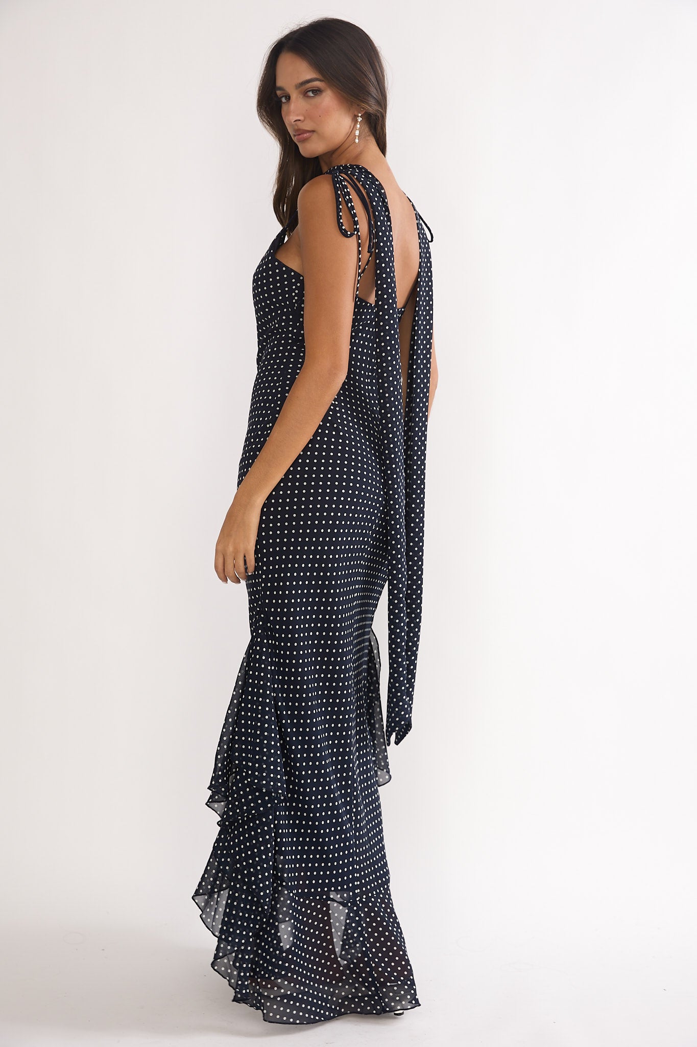 Emmara Tied Shoulder Maxi Dress Polka Dot Navy-Maymioy