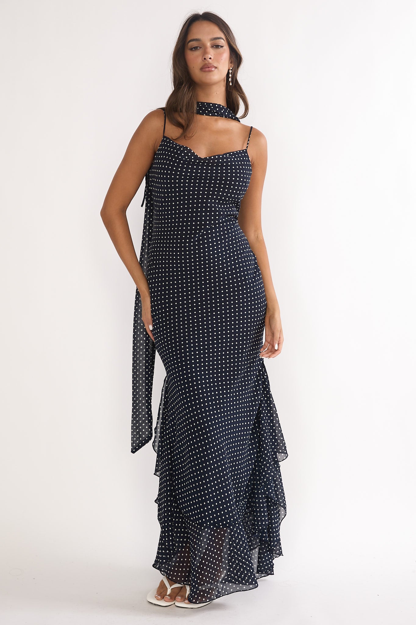 Emmara Tied Shoulder Maxi Dress Polka Dot Navy-Maymioy