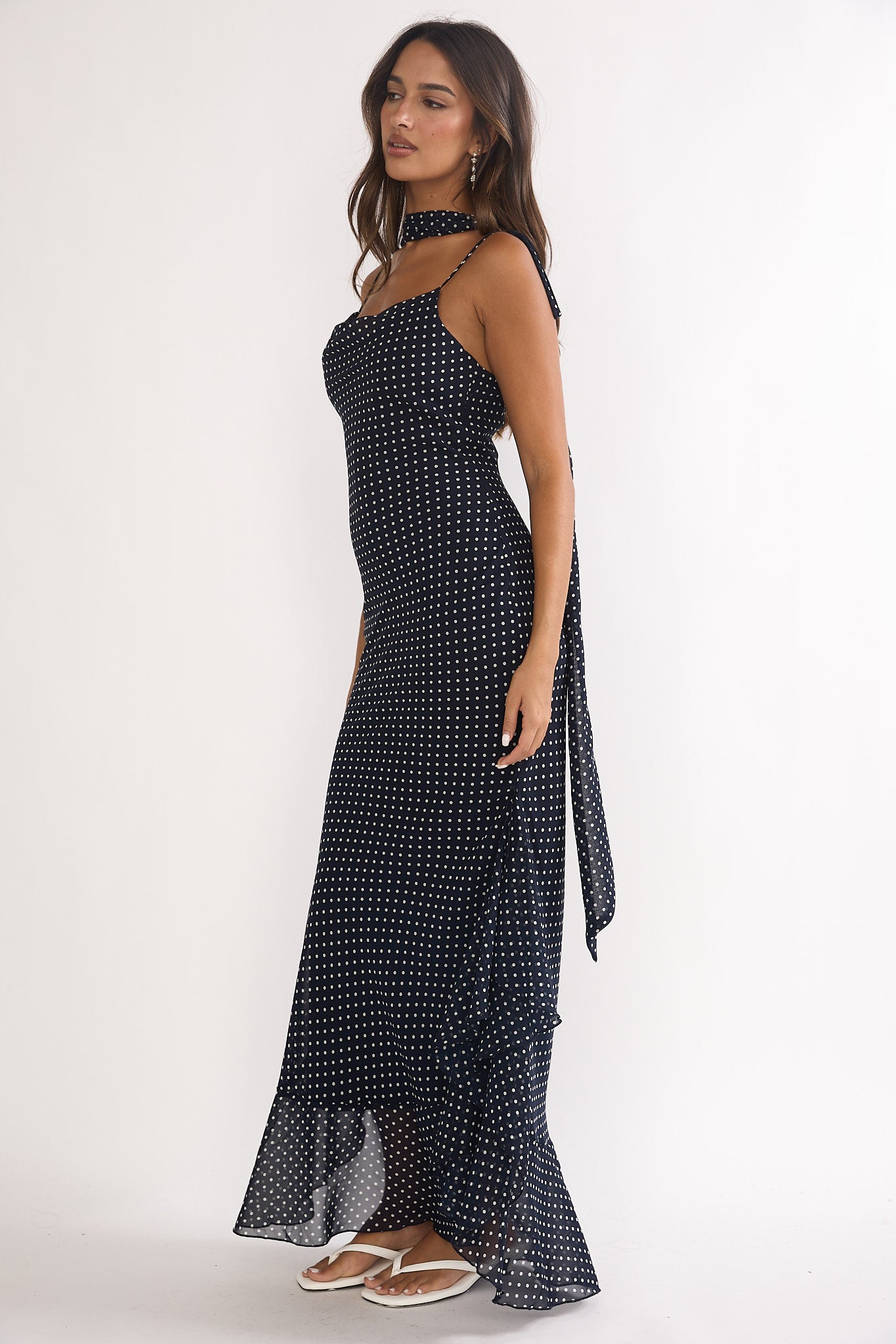 Emmara Tied Shoulder Maxi Dress Polka Dot Navy-Maymioy