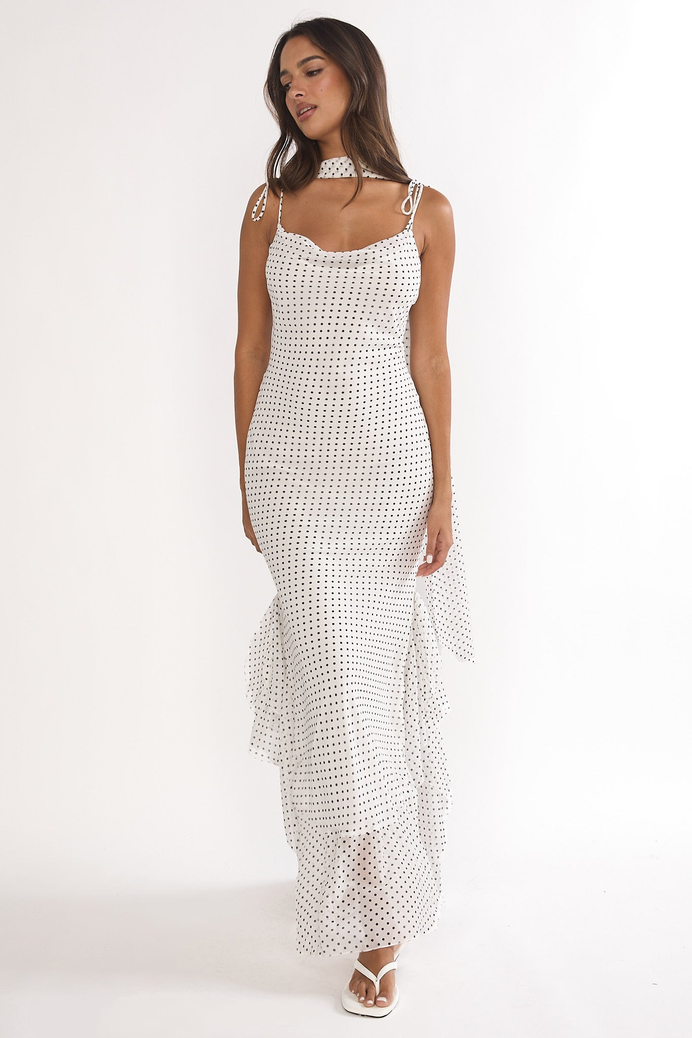 Emmara Tied Shoulder Maxi Dress Polka Dot White-Maymioy