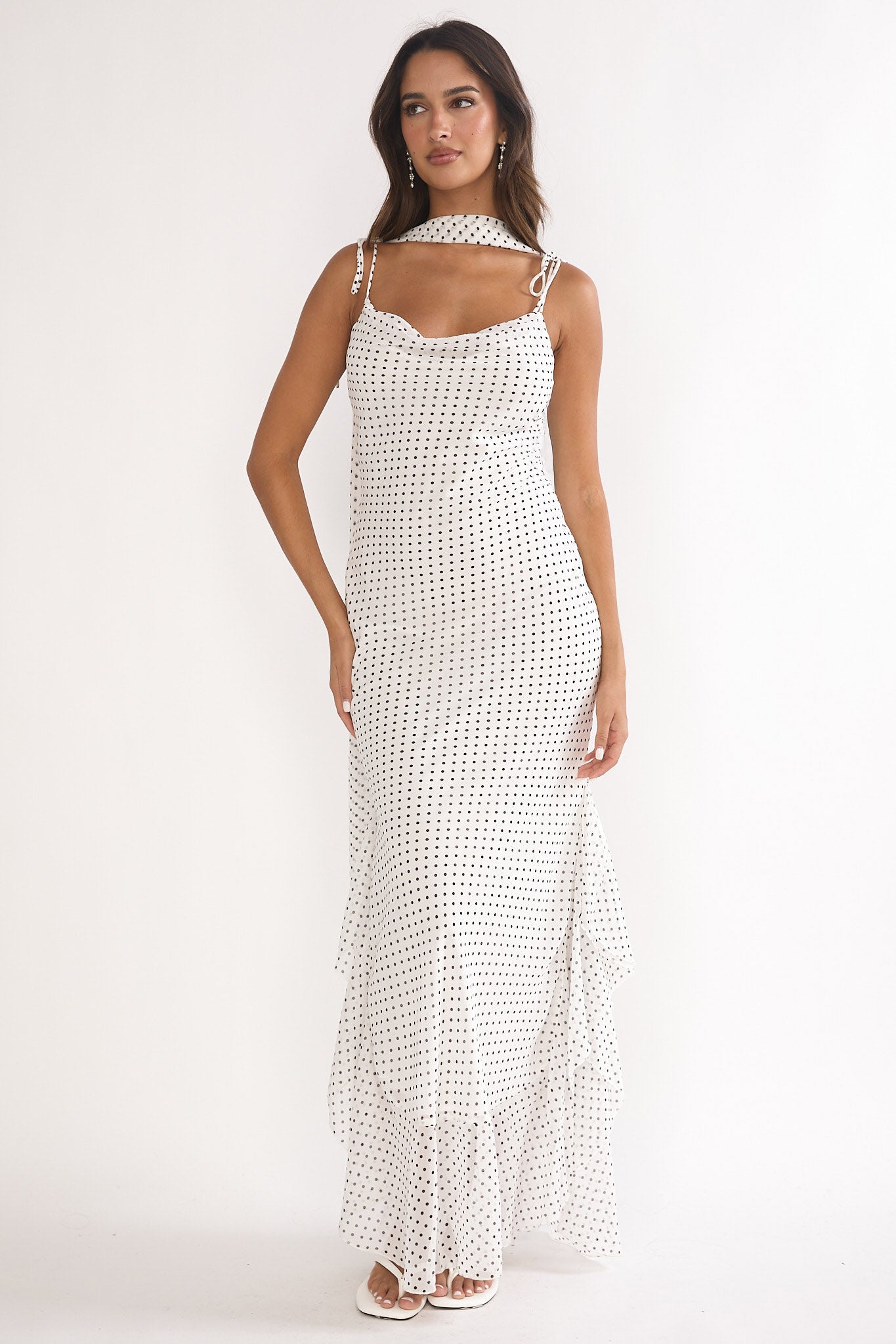 Emmara Tied Shoulder Maxi Dress Polka Dot White-Maymioy